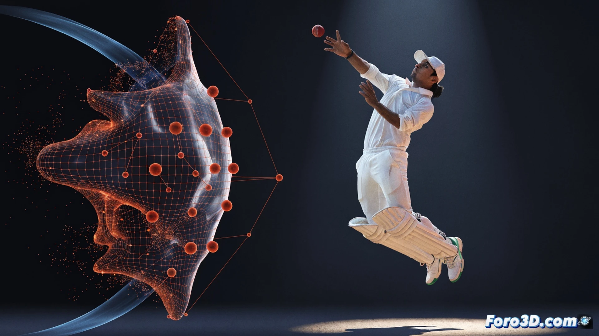 cricket bowler mid-air during delivery stride, extreme vertical jump with knees fully tucked, biomechanical analysis overlay showing red force vectors from footplant through spine to shoulder, green trajectory lines from hand releasing ball, yellow angular velocity arrows around hip rotation, 3D wireframe skeleton beneath translucent skin, stadium pitch background with dusty subcontinent conditions, cinematic sports science visualization, high-speed camera shutter effect, dramatic side lighting emphasizing muscle tension, photorealistic technical render
