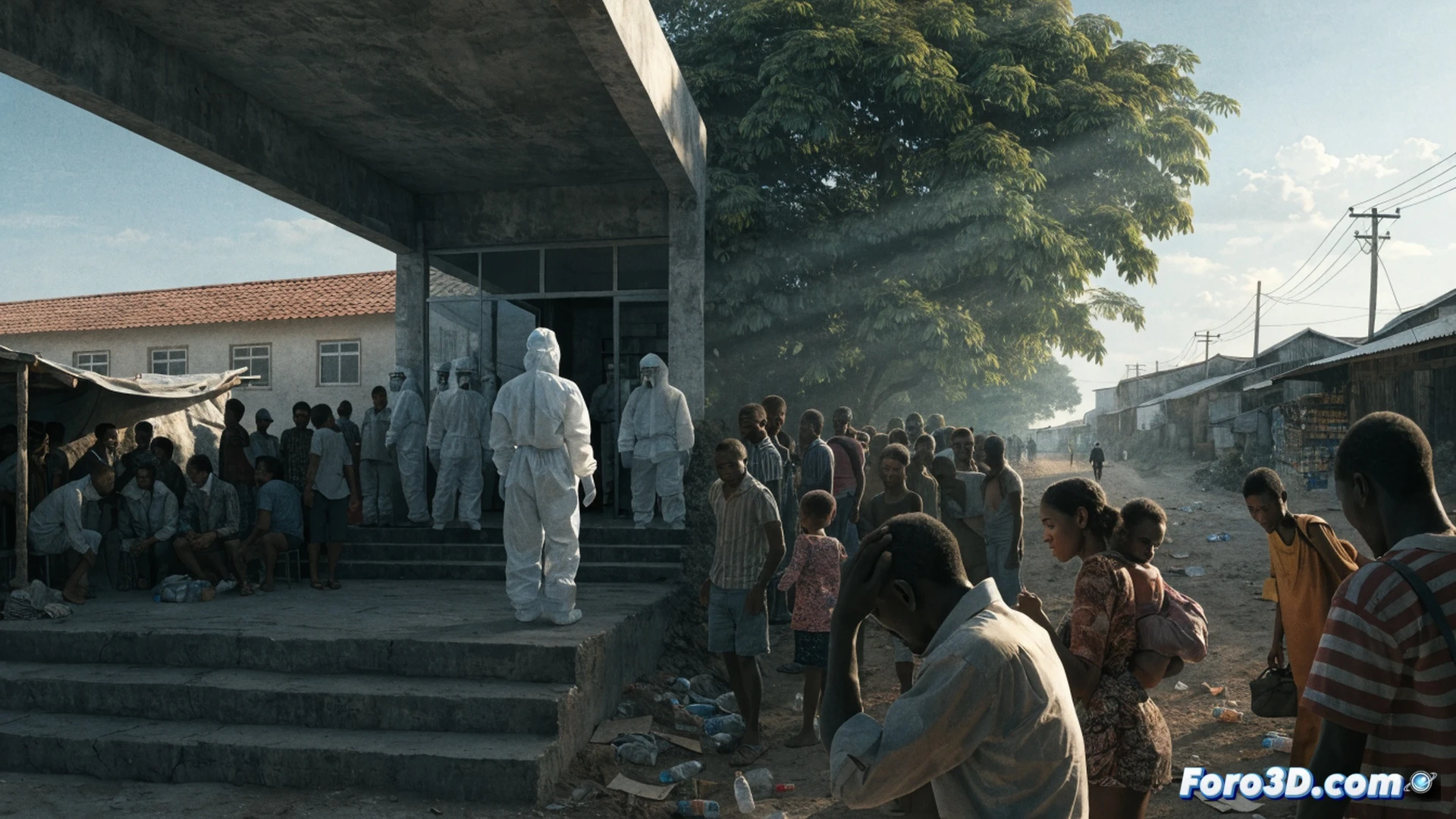 Ebola treatment center in DRC, medical workers in hazmat suits spraying disinfectant on contaminated stretcher, overflowing triage tent at 95% capacity, patients on floor with IV drips, broken ambulance door, discarded gloves and masks, photorealistic documentary style, harsh fluorescent lighting, dust particles in air, exhausted doctor checking clipboard, concrete floor stained with bleach, medical waste barrel overflowing, tense emergency atmosphere, ultra-detailed clinical environment