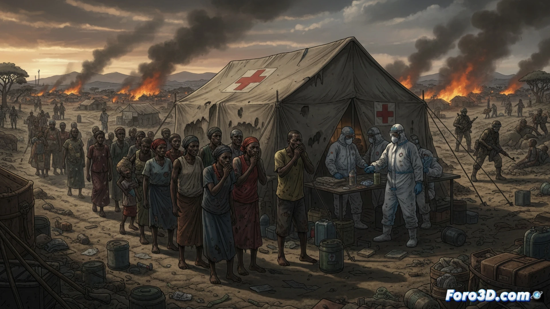 medical workers in full hazmat suits walking through a mud-soaked displacement camp at dusk, one worker holding a portable diagnostic tablet with a glowing map interface, another carrying a cooler box labeled with biohazard symbols, collapsed tents and discarded medical supplies in foreground, armed military vehicle partially visible in background smoke, cinematic photorealistic visualization, dramatic overcast lighting, deep shadows, high contrast, ultra-detailed fabric textures, dust particles suspended in air, urgent movement captured mid-stride, technical documentary style