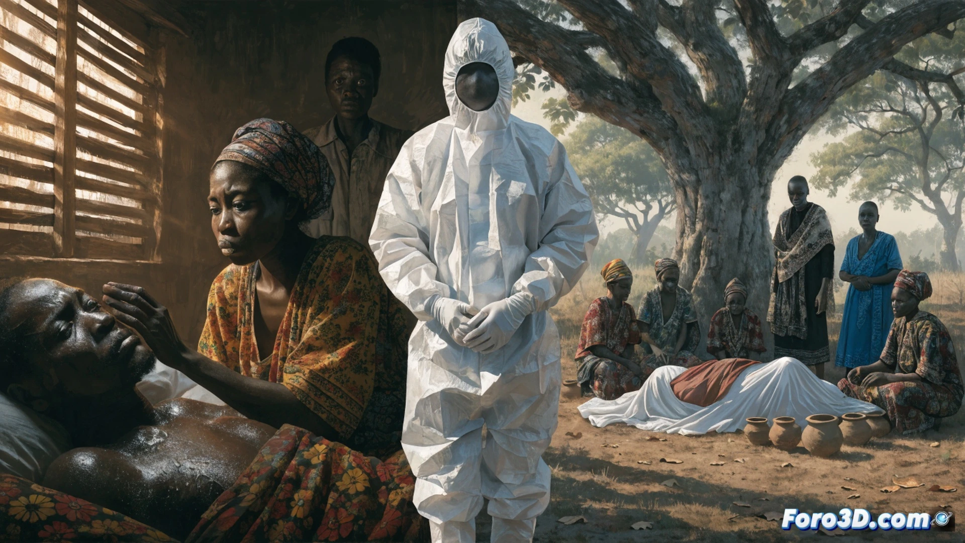 African village scene at dusk, local residents in traditional clothing standing in a loose circle around a white-suited health worker wearing a face shield and blue gloves, holding a sealed medical waste bag, a red cross marked cooler box on the ground nearby, one villager crossing arms and turning away while another points at the health worker with a skeptical expression, thatched-roof huts and dense jungle trees in background, a single bicycle with tied supplies leaning against a wall, cinematic photorealistic style, dramatic shadows from kerosene lamps, high contrast lighting, dust particles in air, tense human interaction, ultra-detailed textures of cloth and foliage, technical documentary aesthetic
