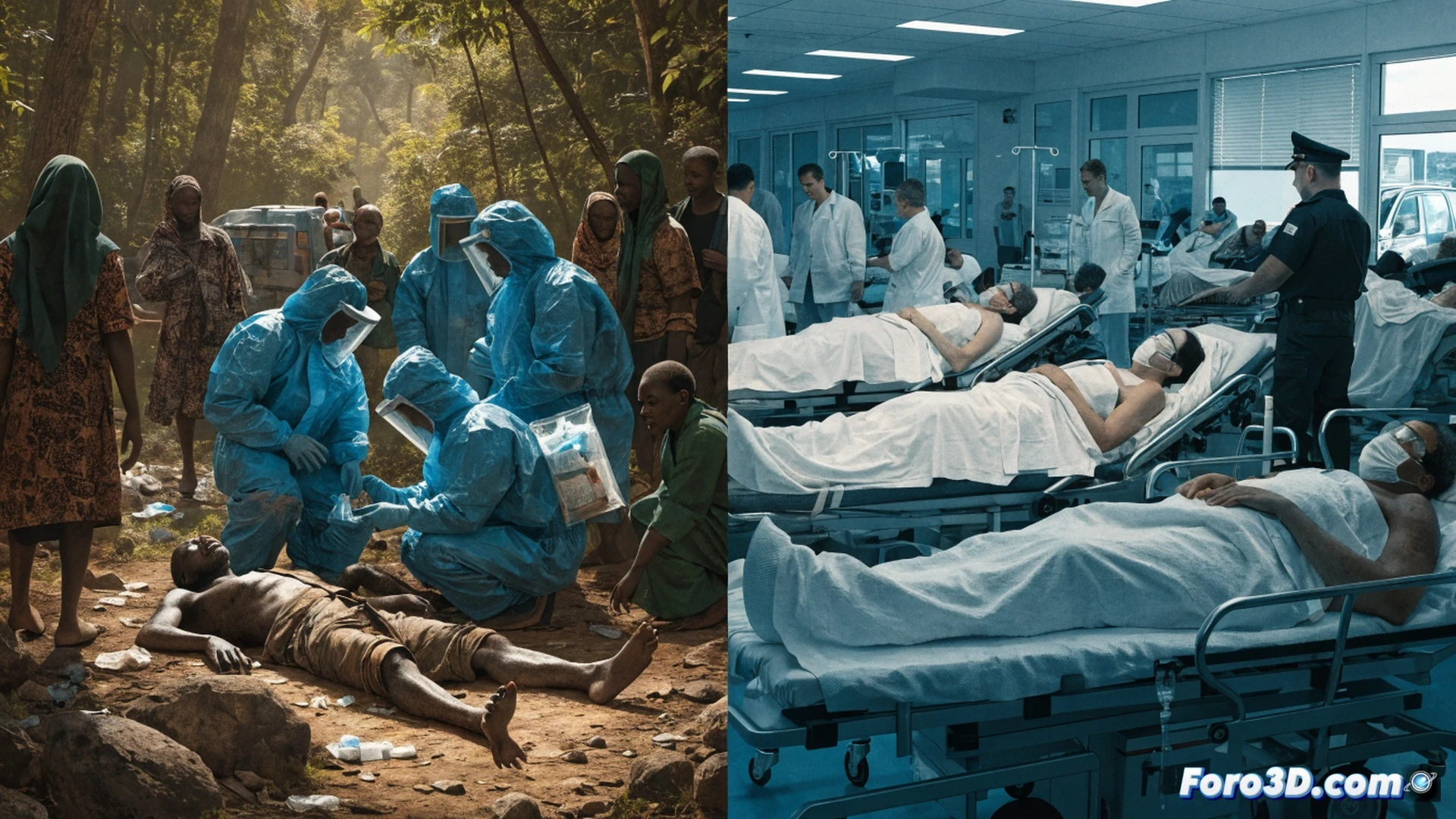 Photorealistic cinematic scene showing a cracked medical isolation tent in a Congo forest, empty vaccine coolers rusting beside a broken microscope, while in the background a clean European hospital corridor glows with blue ultraviolet sanitizing lights, a single virus particle floating mid-air crossing a faint dotted border line on the floor, dramatic contrast between dark neglected African clinic equipment and bright sterile European technology, photorealistic technical illustration, high contrast lighting, detailed medical hardware textures, abandoned syringes and broken diagnostic monitors in foreground, sterile chrome instruments in background, no text