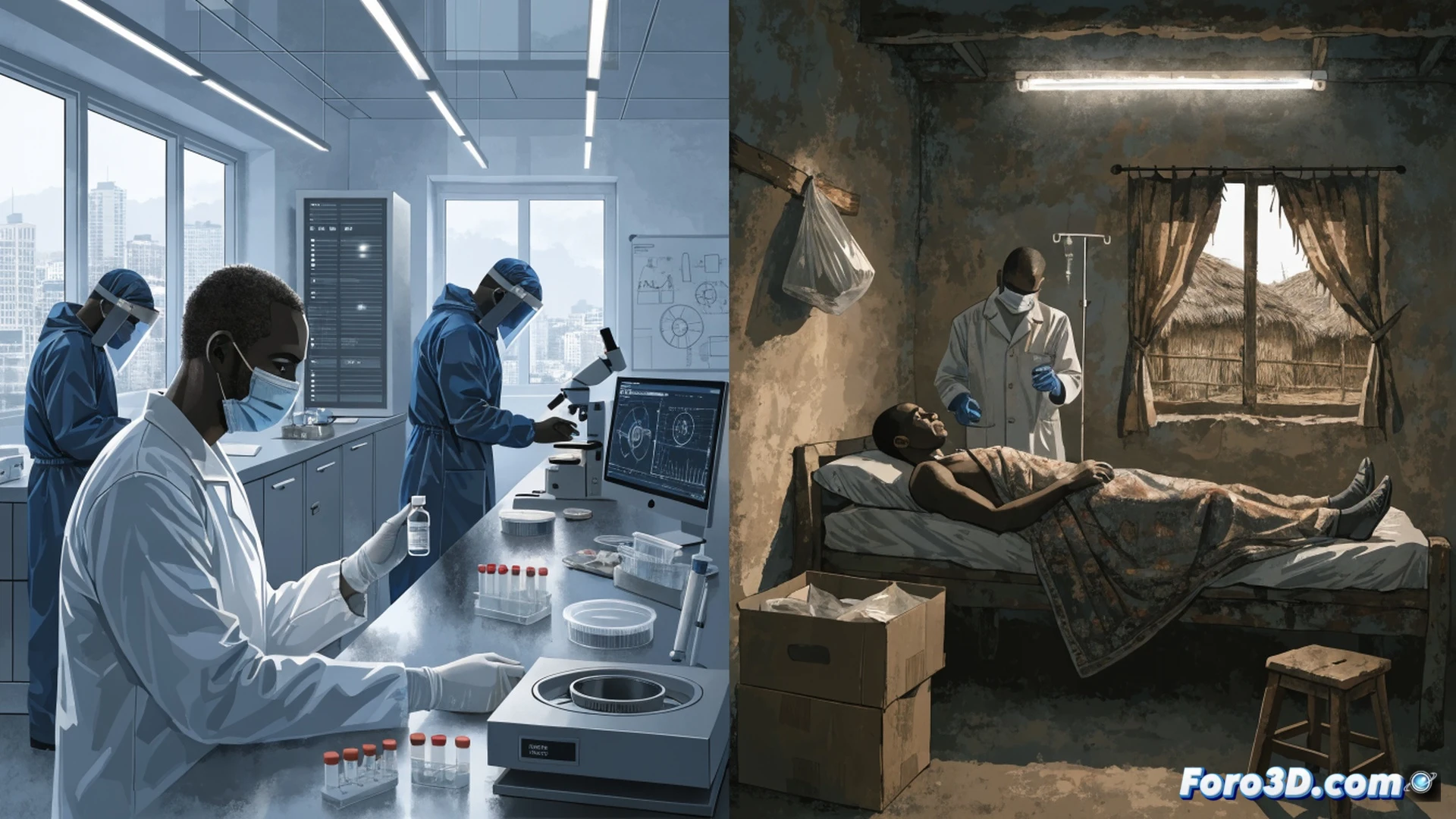 high-contrast split scene contrasting two medical realities: left side, French hospital room with a single empty isolation bed, advanced medical monitors displaying green vital signs, a robotic disinfection unit spraying blue light, pristine white walls and polished floors, sterile calm, cold blue lighting. Right side, crowded Congolese clinic floor with patients on thin mats, worn medical gloves and reused masks scattered, a broken oxygen concentrator in the corner, dim yellow light from a single bare bulb, dust particles visible in the air. Action: a white-coated European doctor in full hazmat gear calmly adjusting a ventilator on the left, while an African nurse in a simple apron uses a manual pump bag on a patient on the right. Cinematic photorealistic style, dramatic chiaroscuro lighting, ultra-detailed textures of medical equipment and worn fabrics, emotional contrast between technological abundance and scarcity, no text or numbers visible.