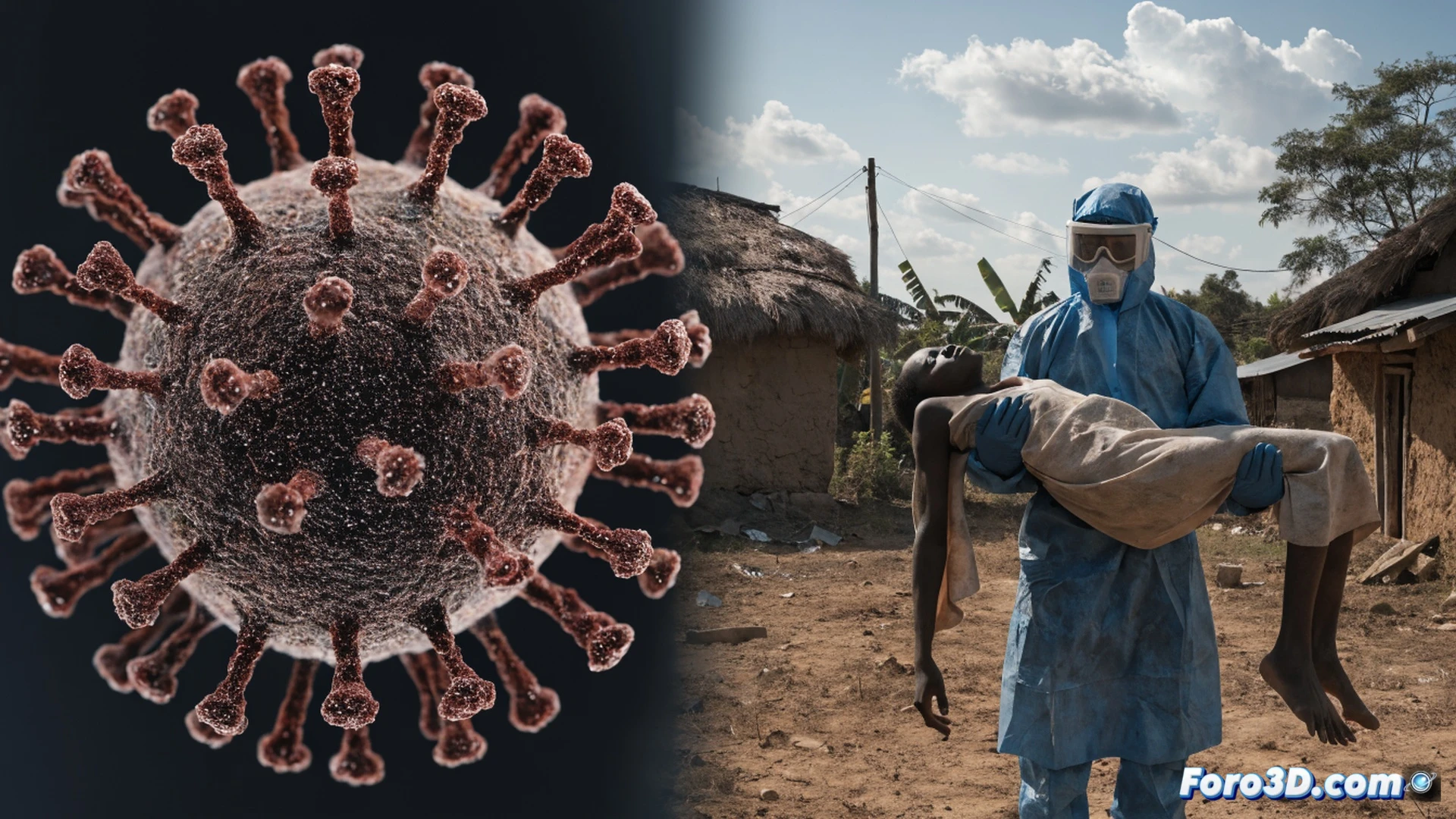 Epidemic response workers in full hazmat gear decontaminating a rural treatment tent, one worker spraying disinfectant over a metal stretcher while another seals a biohazard waste bag, cracked red earth underfoot, distant jungle foliage, technical illustration style, glowing orange biohazard symbols on supply crates, ultraviolet light revealing invisible viral particles on surfaces, realistic medical equipment details, sterile white and yellow protective suits, dramatic overcast sky, photorealistic public health documentation render