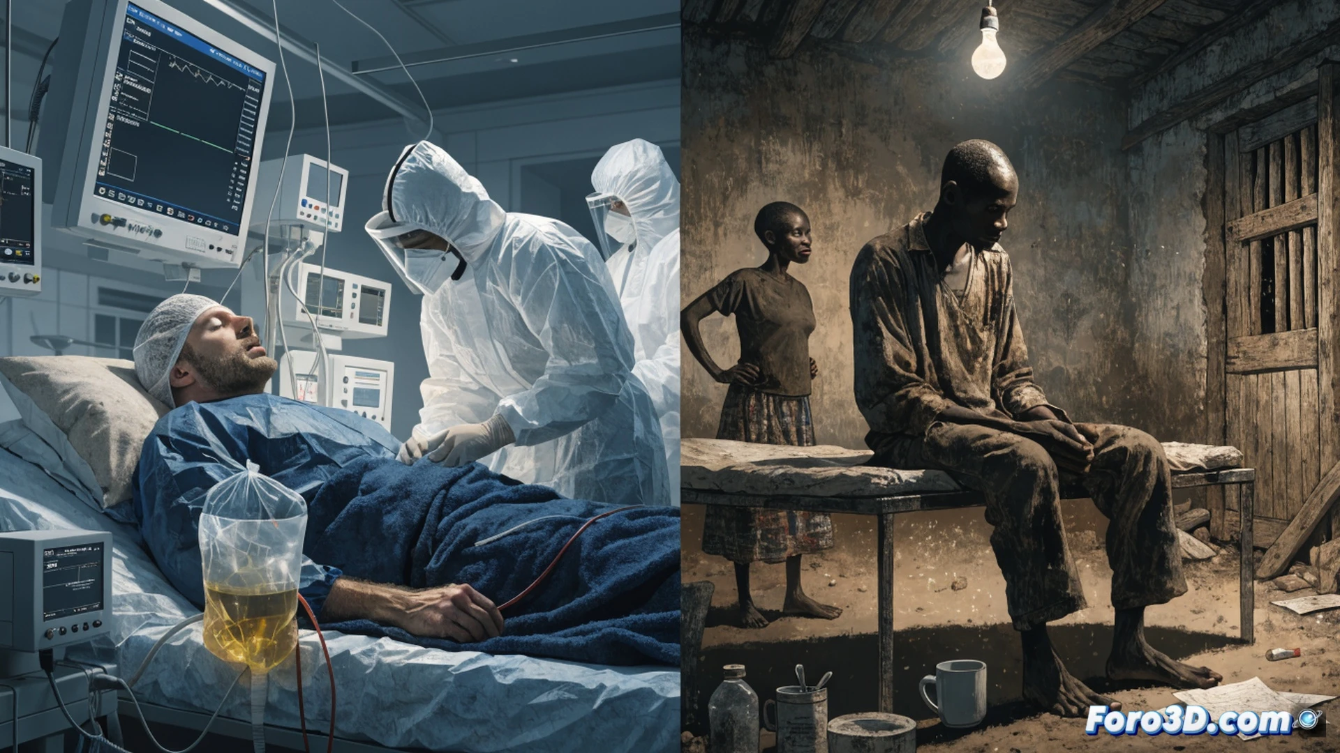 hospital isolation room split scene, left side showing white-coated doctor receiving experimental IV drip from gloved nurse, advanced medical monitor displaying vital signs, sterile equipment, bright clinical lighting, right side showing Congolese clinic with empty medicine shelves, broken oxygen tank, mother holding sick child on bare mattress, dust particles in dim light, dramatic contrast between modern medical technology and neglected facility, cinematic photorealistic style, ultra-detailed textures, emotional tension through lighting disparity, medical documentary aesthetic