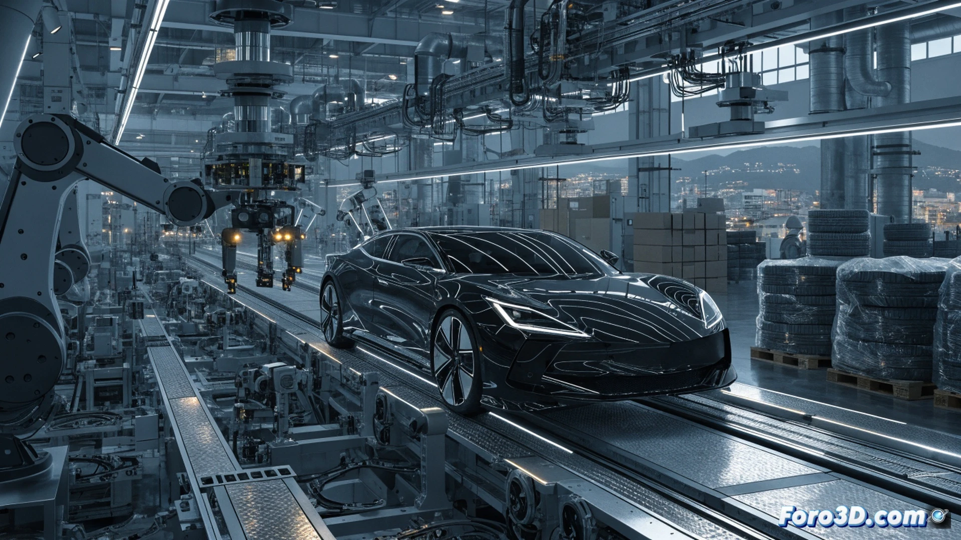 EBRO assembly line in Barcelona, robotic arms welding electric vehicle chassis components, glowing battery pack being lowered into frame by automated hoist, workers in cleanroom suits inspecting wiring harnesses, conveyor belt moving partially assembled cars, bright industrial lighting reflecting off metallic surfaces, sparks from welding arcs, holographic efficiency data overlays floating above production station, photorealistic engineering visualization, cinematic depth of field, ultra-detailed mechanical joints and cables, dramatic factory atmosphere