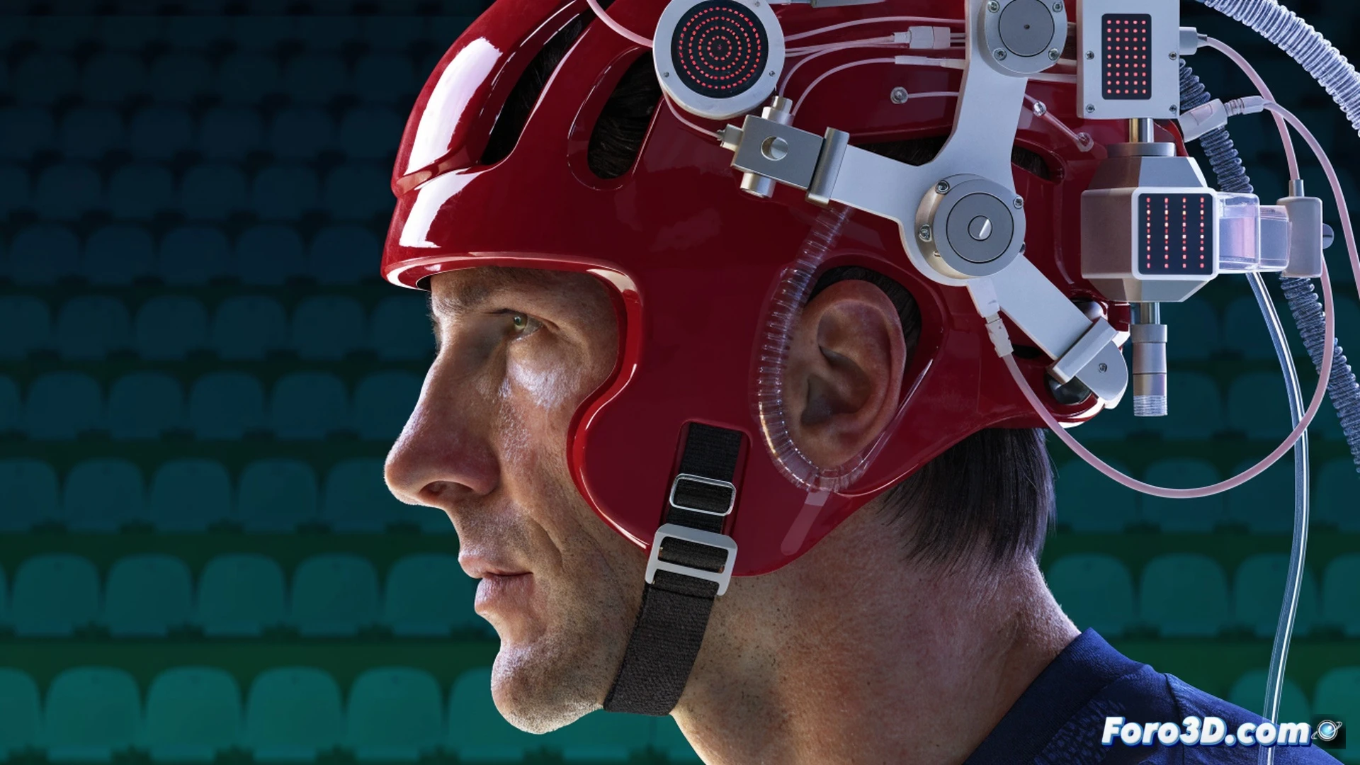 Petr Čech en plena acción bajo un arco de fútbol, atrapando un balón con sus guantes mientras un casco protector negro cubre su cabeza, una nube de puntos láser azules emana desde un escáner 3D portátil en primer plano, mapeando la trayectoria del balón y la posición exacta de sus manos, fondo de estadio iluminado con reflectores, líneas de movimiento digitales superpuestas en su cuerpo, estilo photorealistic engineering visualization, texturas de césped y malla de portería nítidas, atmósfera dramática de partido nocturno, ultra-detallado