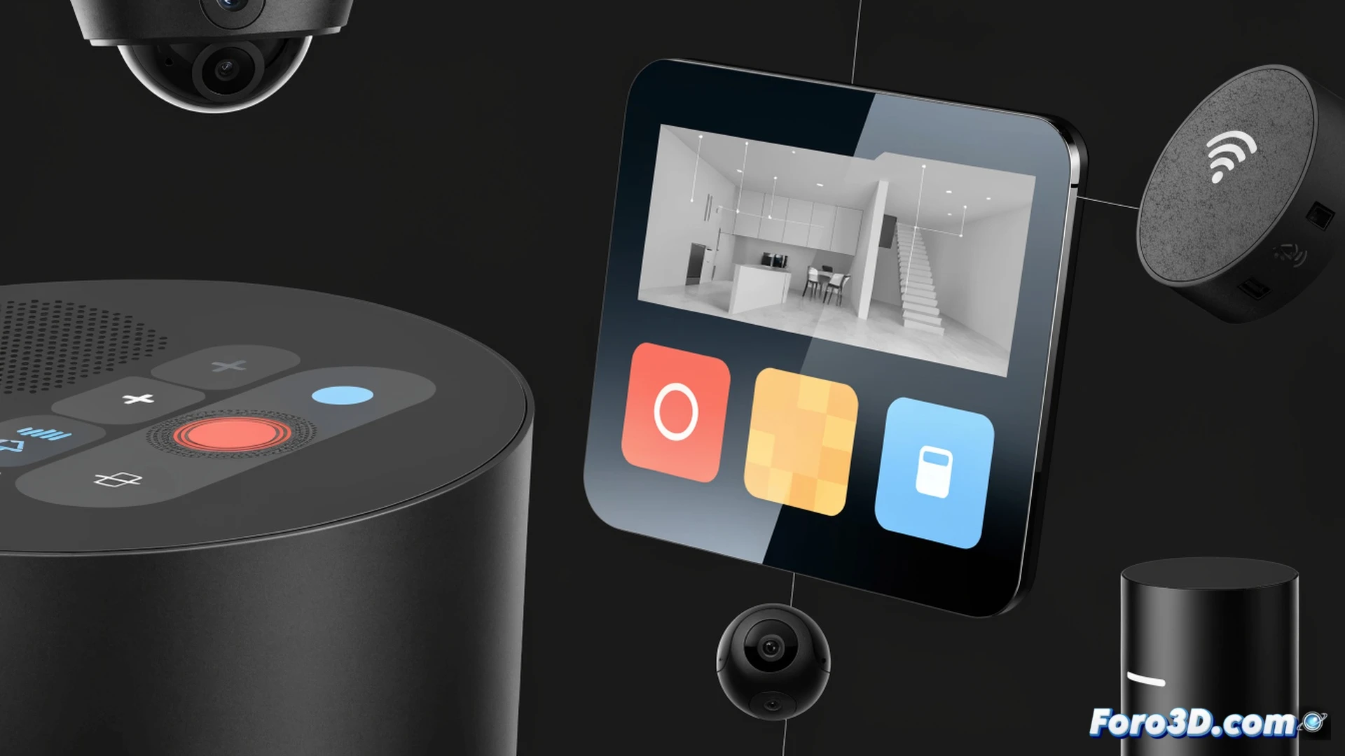 Smart home control panel interface being customized via drag and drop, glowing blue hand repositioning device icons across a grid layout, Ring camera thumbnail showing AI-generated summary text overlay, grouped room labels for kitchen and living room appearing as floating tags, sleek black Echo Hub mounted on a white wall, cinematic product visualization, soft ambient room lighting casting subtle shadows, polished glass screen reflecting modern interior, photorealistic technical illustration, clean minimalist aesthetic, dynamic interaction lines connecting devices to room groups, ultra-detailed screen elements with blurred background