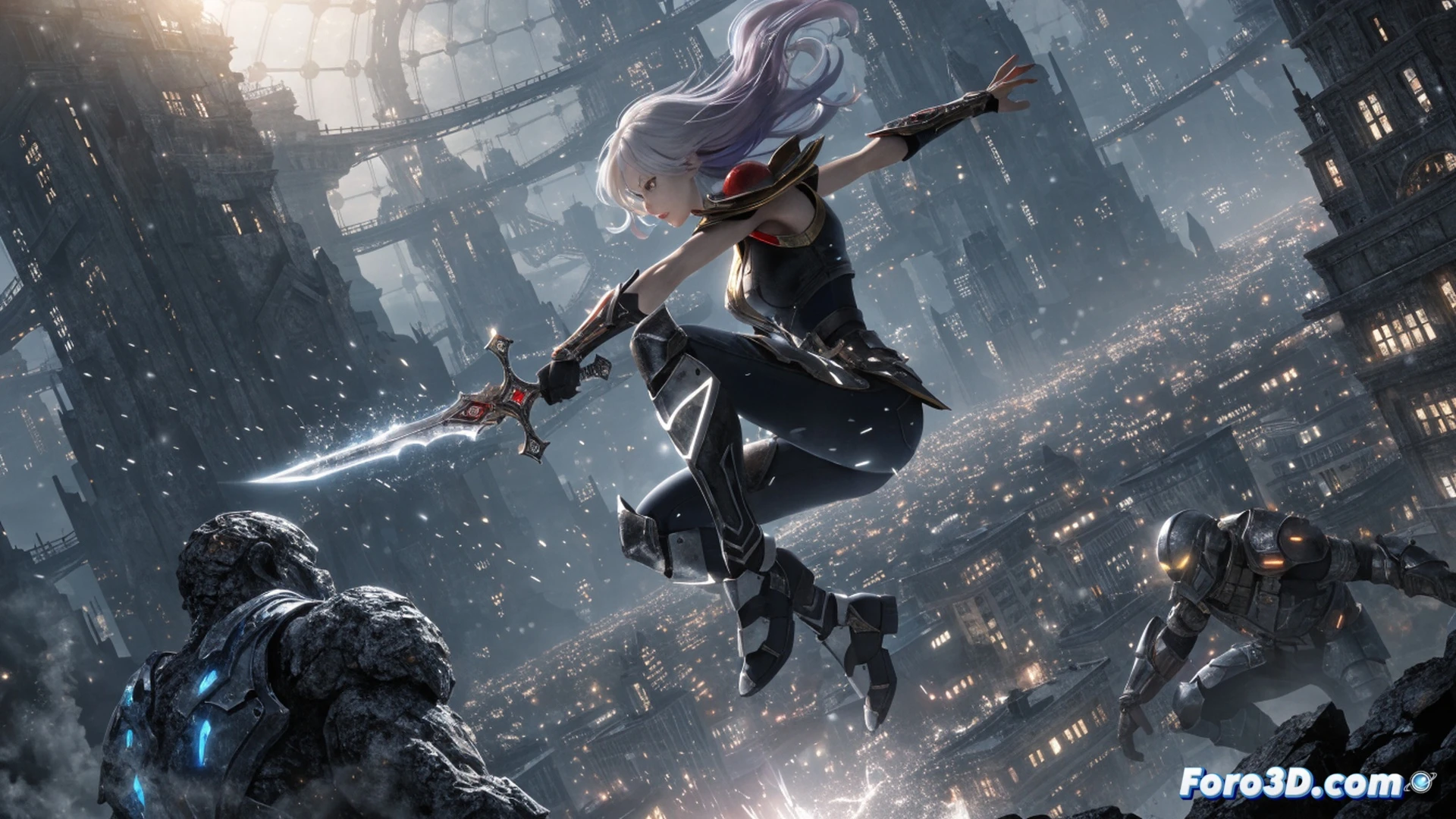 Sword Art Online player character mid-swing with a glowing blue sword in a digital forest, combat action showing a particle explosion of light fragments from a defeated enemy, floating holographic UI panels displaying stats and weapon upgrades, progress bars and attribute points visible on a transparent screen, game controller and keyboard peripherals faintly overlapped in the background, cinematic photorealistic render, dynamic motion blur, neon cyan and violet lighting, detailed fantasy armor textures, ultra-sharp technical illustration style, dramatic battle scene during the free trial period.