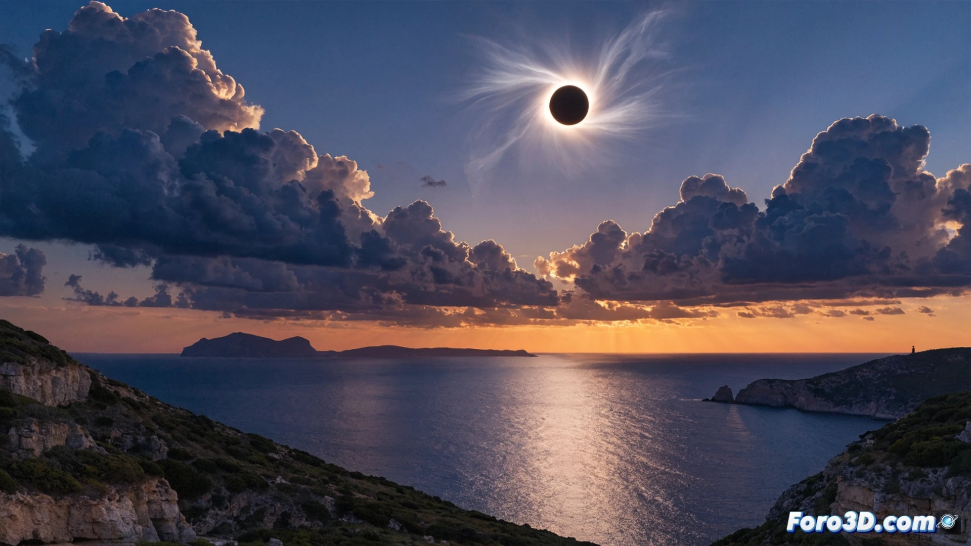 island coastline at sunset during total solar eclipse, moon completely covering sun creating diamond ring effect, horizon line perfectly clear with golden and dark purple sky, silhouetted lighthouse on rocky cliff, small group of people with telescopes and solar filters on tripods observing the phenomenon, technical astronomical illustration style, photorealistic atmospheric lighting, crescent sun rays peeking behind moon, deep ocean reflections, dramatic twilight colors, precise celestial alignment demonstration