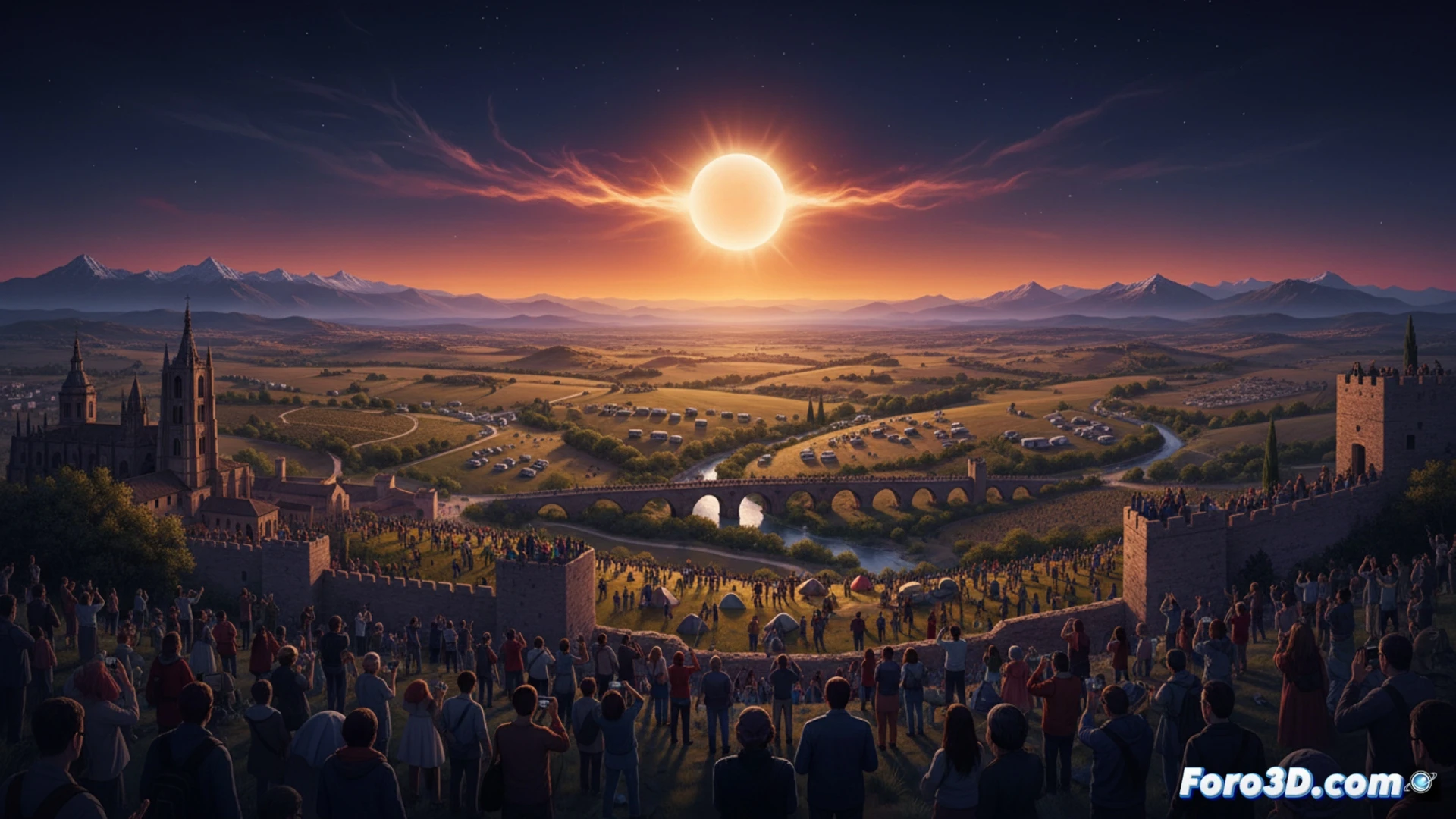 Descripción: Multitud observa eclipse total en España, cielo oscuro, luna cubre sol, franja desde León a Zaragoza, 327.000 turistas.