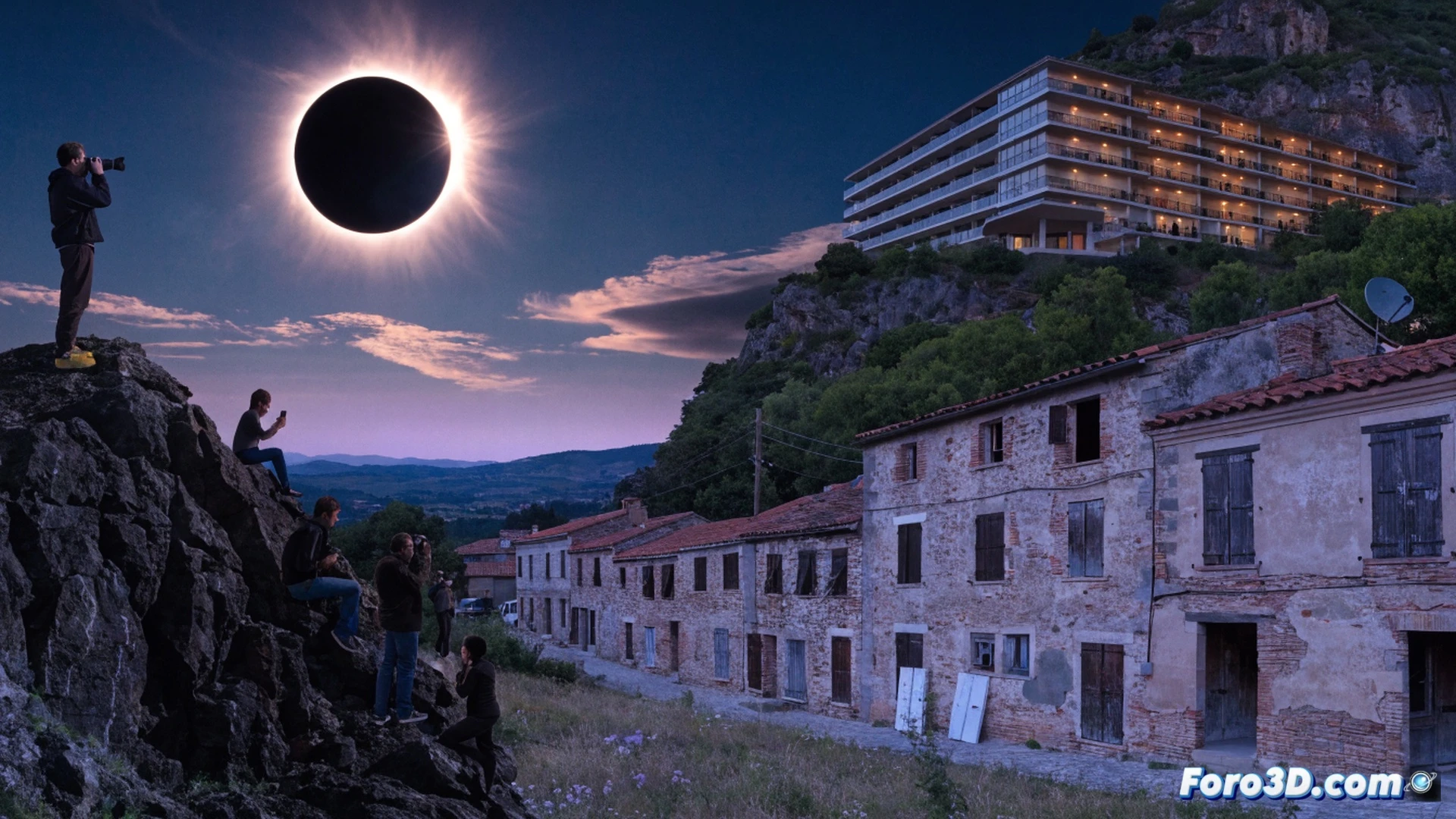 small rural village square during a solar eclipse, crowd of tourists with cameras and telescopes facing upward, dark sky with corona visible, while in the background an abandoned medical clinic with boarded windows and a broken streetlamp, a single elderly resident sitting on a bench watching the scene, contrast between temporary celebration and permanent neglect, photorealistic technical illustration, dramatic chiaroscuro lighting, dust motes in the air, cracked asphalt, faded signage, hyperdetailed textures, cinematic wide-angle composition, atmospheric depth