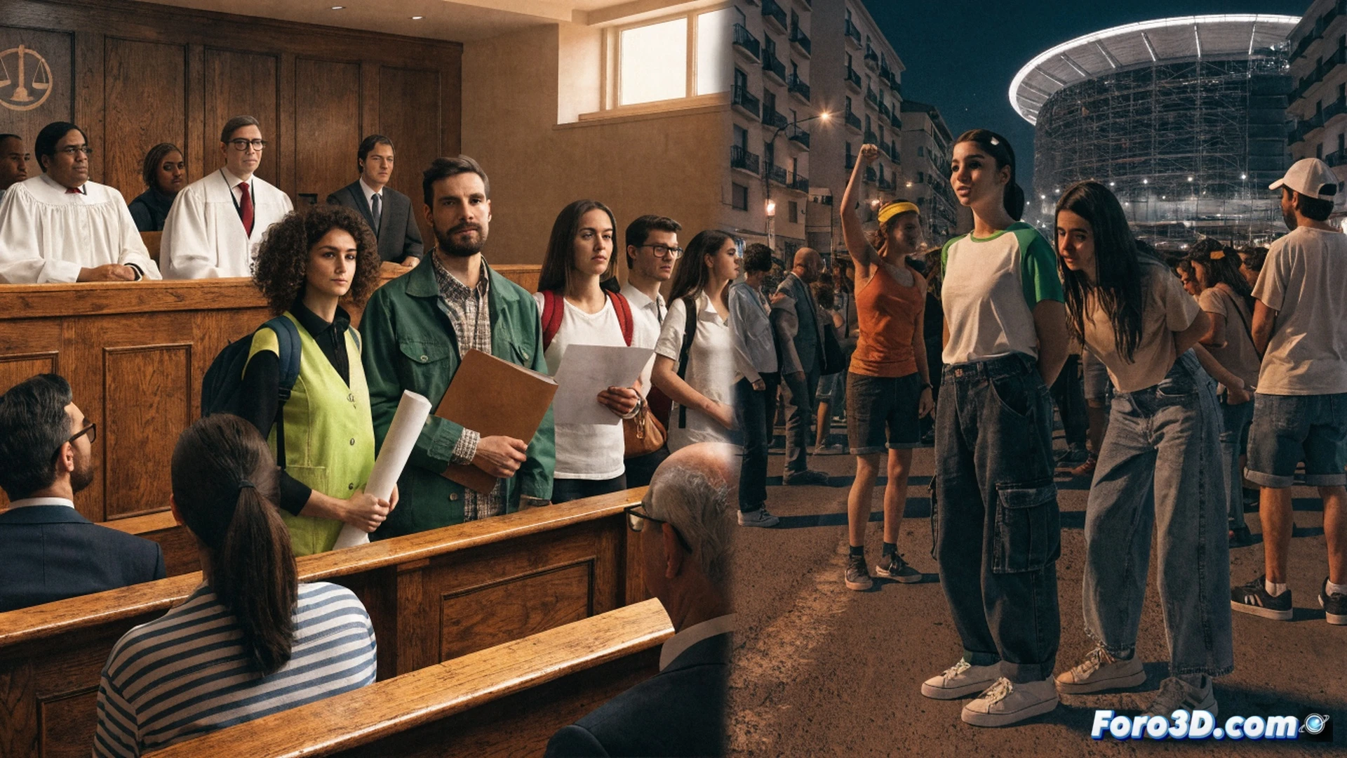 Cinematic photorealistic scene showing a judge’s gavel striking a wooden block, documents labeled stadium blueprint and legal file stacked on a desk, a green leaf emblem representing ecologists placed beside a protest sign held by a blurred silhouette in the background, courtroom light beams casting shadows on architectural model of a stadium, technical legal process halted, urban buildings visible through window, dramatic chiaroscuro lighting, ultra-detailed textures on paper and wood, judicial authority emphasizing decision pause.