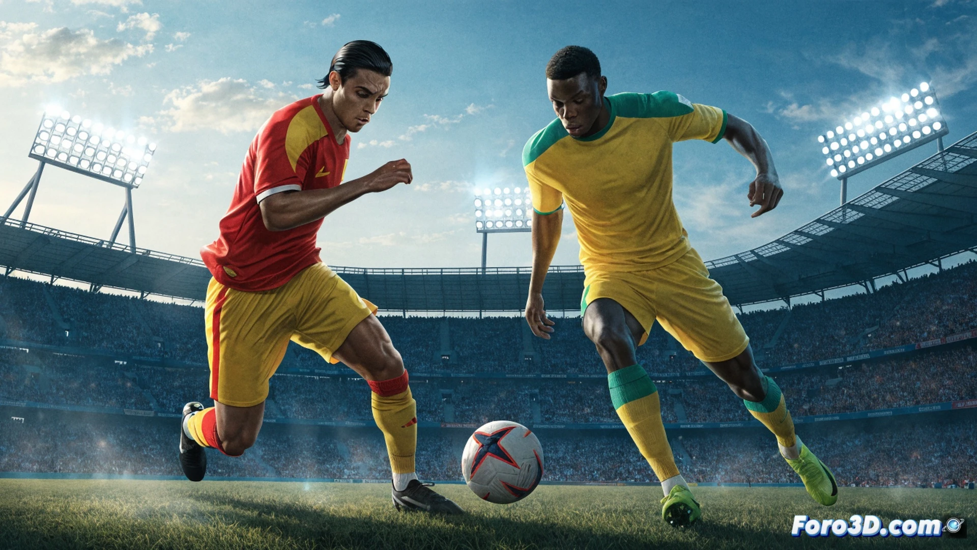 Ecuadorian football players in yellow jerseys executing a tactical drill on a digital training field, augmented reality tactical display showing player positions and movement trajectories, real-time data overlays projecting match statistics and heat maps, coaching staff reviewing performance metrics on tablet screens, high-tech stadium floodlights illuminating the pitch, cinematic sports visualization, dynamic action poses, sweat and intensity visible, glowing tactical lines connecting players, photorealistic technical render, dramatic golden hour lighting, ultra-detailed sports gear