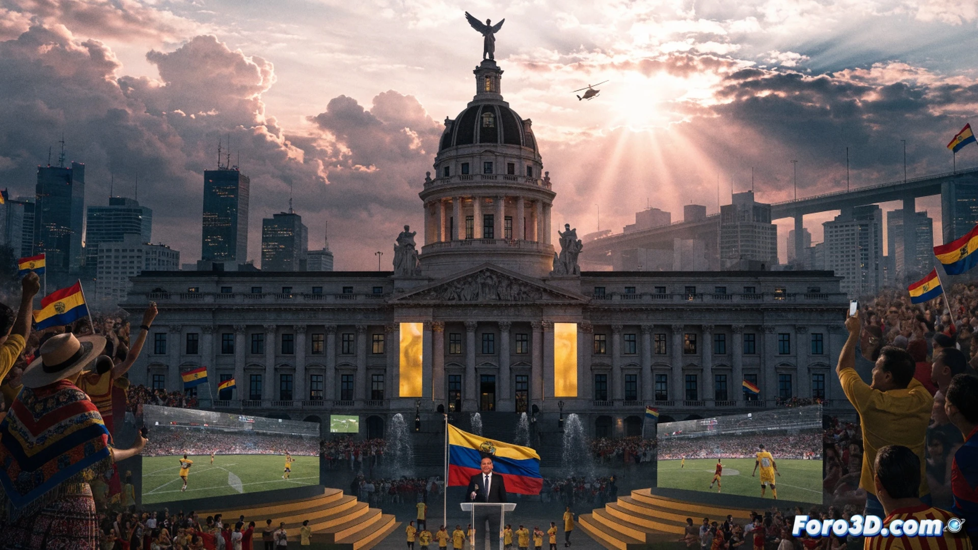 Ecuadorian football stadium erupting in celebration, green jersey players embracing on pitch after final whistle, scoreboard showing 2-1 result, president signing decree on tablet while crowd waves flags, smoke flares rising from stands, dramatic stadium floodlights illuminating confetti and streamers, cinematic photorealistic style, motion blur on celebrating fans, deep green and yellow color palette, ultra-detailed crowd faces and jersey textures, emotional peak moment captured