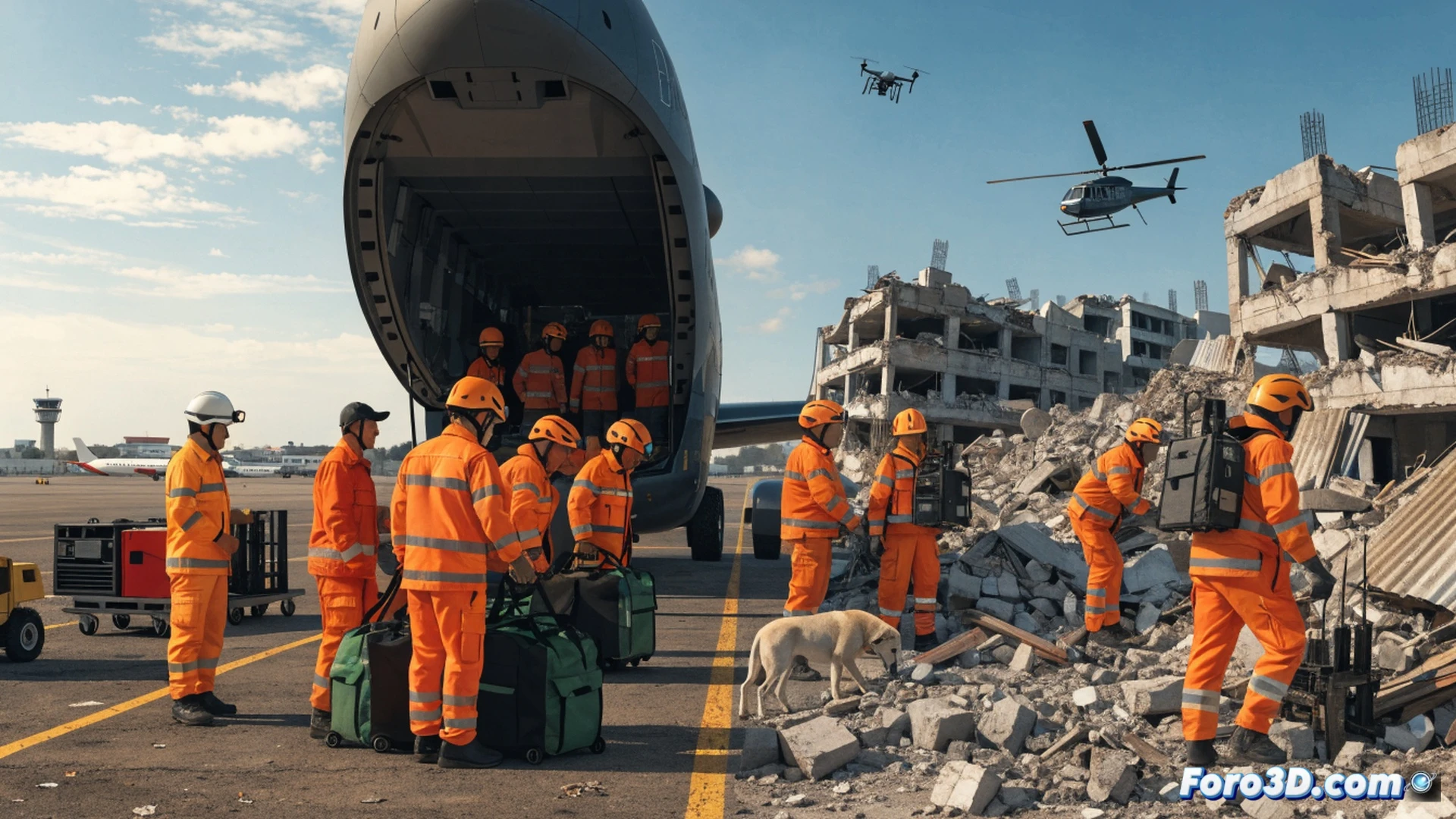 Rescue team in orange uniforms boarding a military aircraft at night, 47 rescatistas carrying backpacks and technical gear, two search dogs on leashes being guided up the ramp, six tons of equipment pallets with drones and autonomous camp modules visible on the tarmac, motion blur of propellers, floodlights illuminating the scene, dramatic cinematic photorealistic style, action during departure, showing the process of loading and final checks, high-contrast industrial lighting, realistic textures on uniforms and metal surfaces