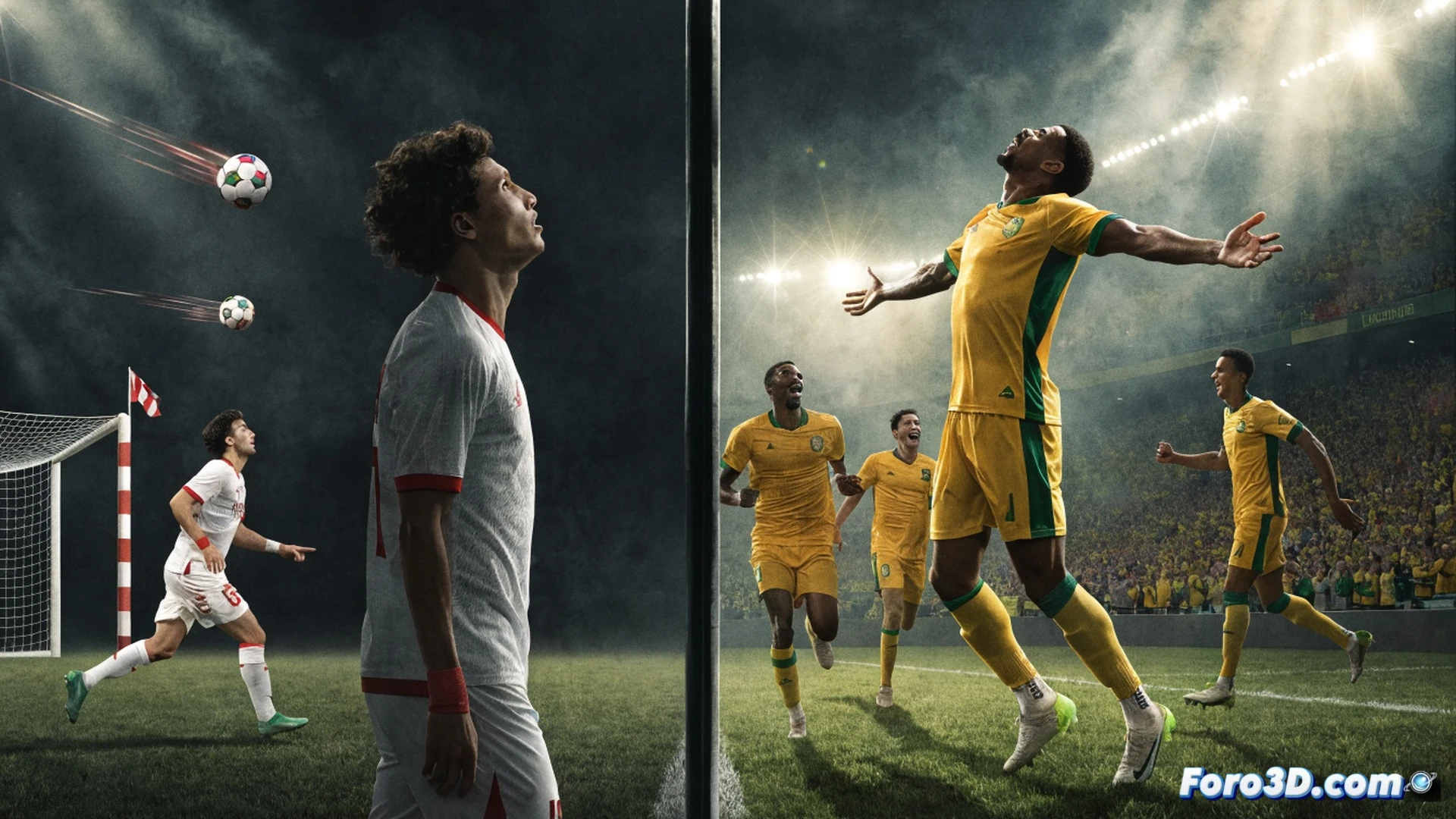 Ecuadorian forward striking ball toward goal in first half, ball hitting crossbar with visible impact sparks, Costa de Marfil defender clearing rebound near goal line, half-empty stadium crowd in background, second-half scene inset showing Ivory Coast counter-attack with midfielder shooting past diving goalkeeper into bottom corner at minute 90, cinematic sports visualization, dramatic stadium floodlights, grass particles flying, motion blur on ball trajectory, photorealistic match photography style, tense atmosphere, ultra-detailed player expressions, technical analysis overlay with shot trajectory lines and missed opportunity markers