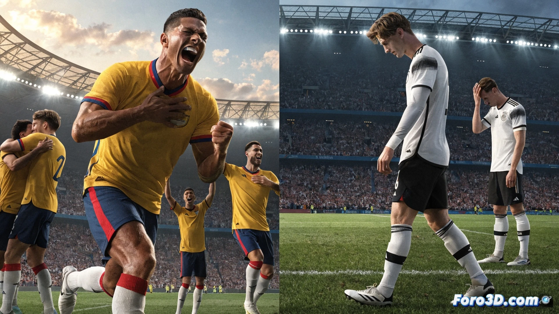 Ecuadorian football player in red jersey leaping mid-air to head the ball into the goal, German goalkeeper diving late with outstretched arms, stadium floodlights casting dramatic shadows on the grass, ball trajectory shown as a glowing arc, crowd in stands waving flags and scarves, motion blur on players limbs, sweat droplets frozen in action, cinematic photorealistic sports render, high-speed action freeze-frame, dramatic evening stadium lighting, ultra-detailed player expressions and jersey textures, dynamic composition with diagonal lines of movement