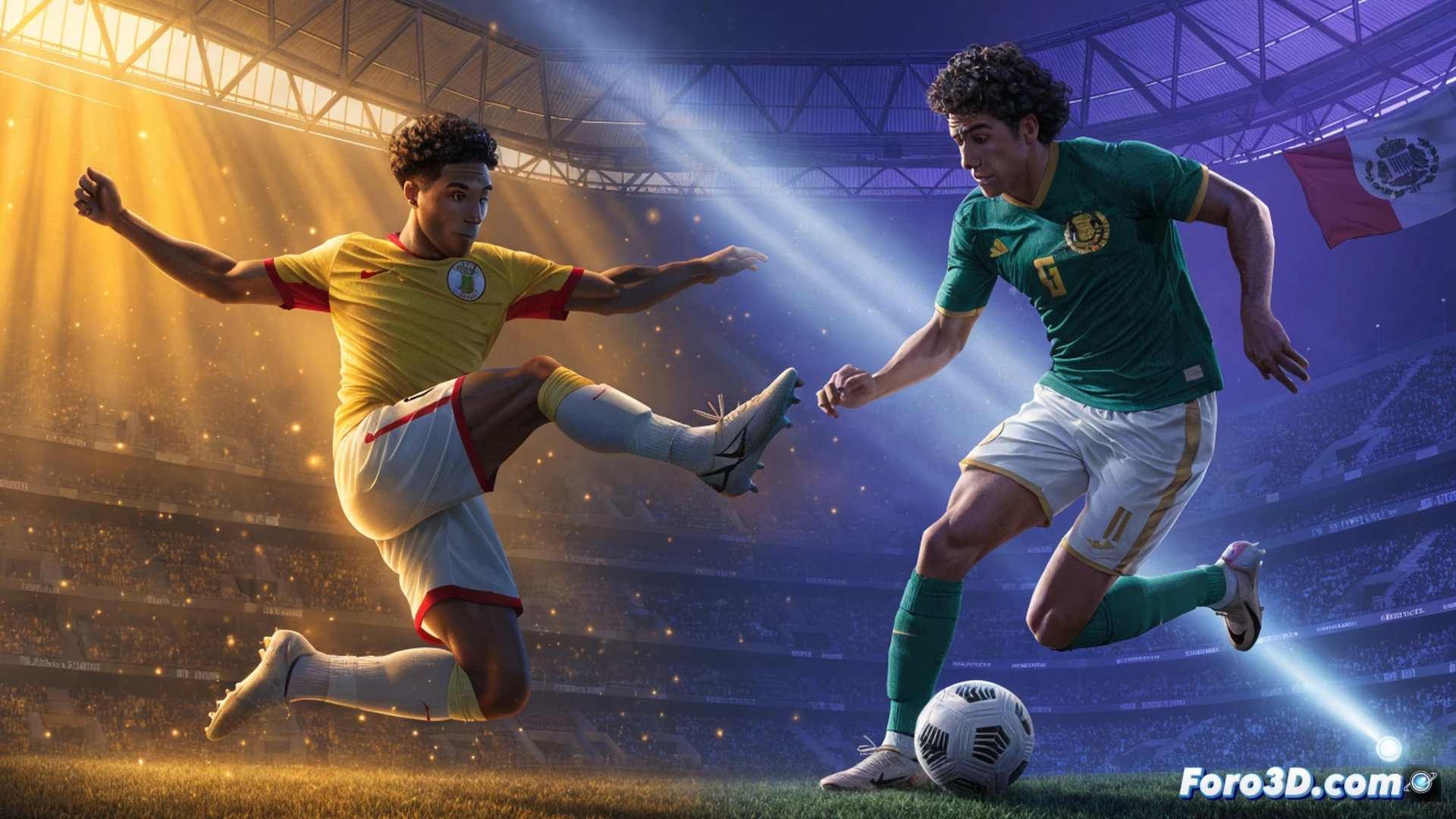 Ecuadorian football team in action on a rain-soaked pitch at night, players in yellow jerseys pressing aggressively toward a Mexican red-and-green defensive line, a coach in a tracksuit pointing forward with intense focus, broken flight itinerary papers and torn prediction charts scattered on the wet grass, stadium floodlights casting long shadows, motion blur on a fast-moving ball mid-pass, cinematic photorealistic sports illustration, dramatic low-angle shot, high-contrast lighting, sweat droplets frozen in air, underdog energy visible in body language