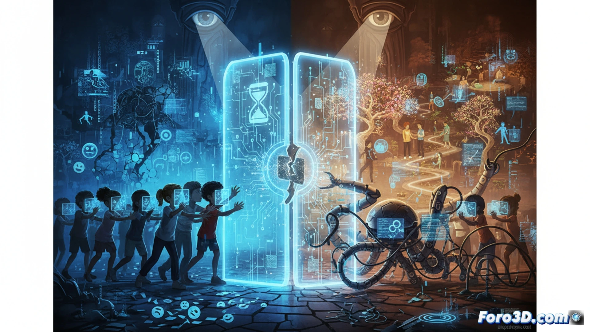 technical illustration of a digital age verification checkpoint, glowing biometric scanner processing a teenager face while firewall barriers and encrypted data streams block access, software code fragments forming a protective shield, holographic parental consent interface floating nearby, network cables connecting to a central server with padlock icons, cinematic engineering visualization, dark blue and neon orange color scheme, photorealistic technical render, dramatic volumetric lighting, ultra-detailed hardware components and circuit board textures