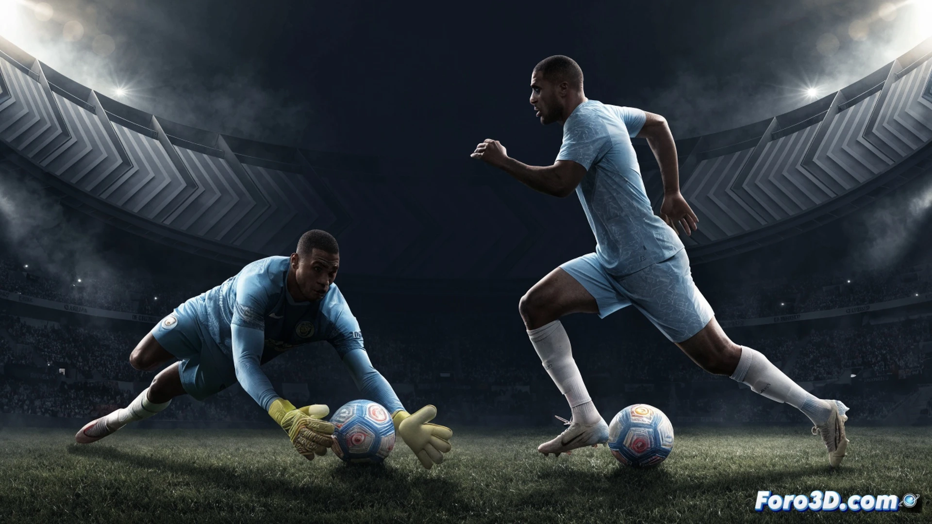 Manchester City goalkeeper Ederson outside his penalty box, executing a precise long pass with the outside of his boot, ball mid-flight with a curved trajectory, opponent striker sprinting toward him, defensive teammates positioned ahead, stadium crowd blurred in background, dramatic low-angle shot, cinematic sports photography style, golden hour lighting, intense focus on Ederson’s calm facial expression, high-end photorealistic render, ultra-detailed kit texture, motion blur on ball, dynamic action scene