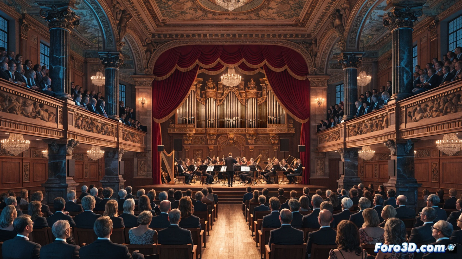 'Queen's Hall stage during a classical concert, audience members with hands in laps instead of holding phones, a performer playing grand piano while a conductor gestures with baton, red velvet seats and ornate ceiling visible, a single smartphone locked inside a transparent pouch on an empty seat, warm amber stage lights illuminating musicians, dark auditorium with soft blue exit signs, cinematic photorealistic style, dramatic shadows, no visible screens or glowing devices, ultra-detailed textures of wood and fabric'