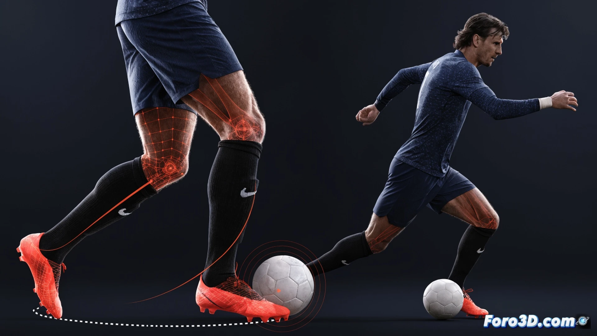 tall striker with high center of gravity shielding ball from defender, long stride during controlled dribble at speed, 3D motion capture skeleton overlay highlighting hip rotation and arm span, technical breakdown of foot placement and torso lean, photorealistic engineering visualization, green synthetic pitch under floodlights, semi-transparent biomechanical analysis lines tracking limb trajectories, muscle tension visible in calf and thigh, defender reaching but unable to dislodge, cinematic sports science illustration, wireframe mesh around both players for spatial analysis, dramatic low angle shot, ultra-detailed jersey folds and boot studs