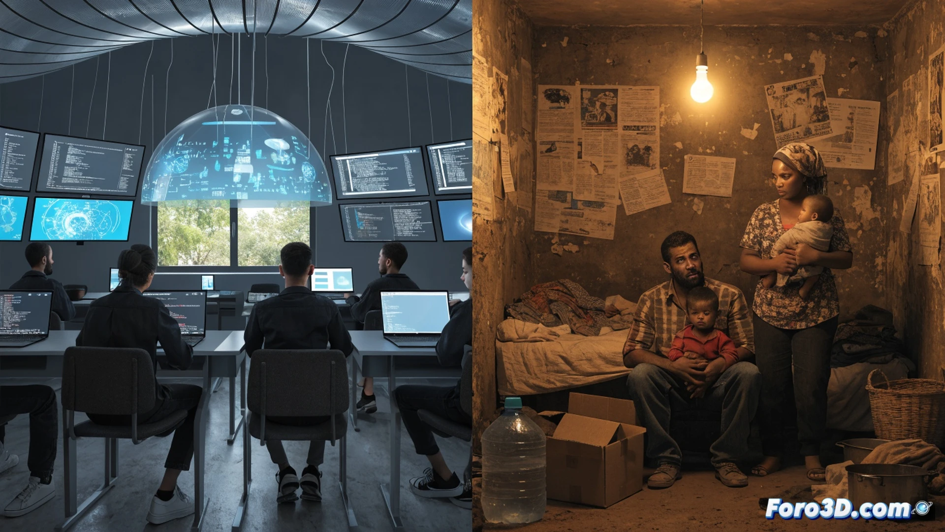 photorealistic cinematic scene of a cramped bedroom in a low-income urban apartment, a teenager sitting on a worn mattress struggling to complete online homework on a cracked laptop with a weak wifi signal icon flickering, mother behind holding a baby, father repairing a broken desktop computer with exposed wires and a multimeter on a cluttered desk, outdated router with blinking red lights, dark shadows contrasting with cold blue screen glow, dramatic documentary style, ultra-detailed textures of peeling wallpaper and dusty cables, emotional tension in body language, technical illustration of digital inequality