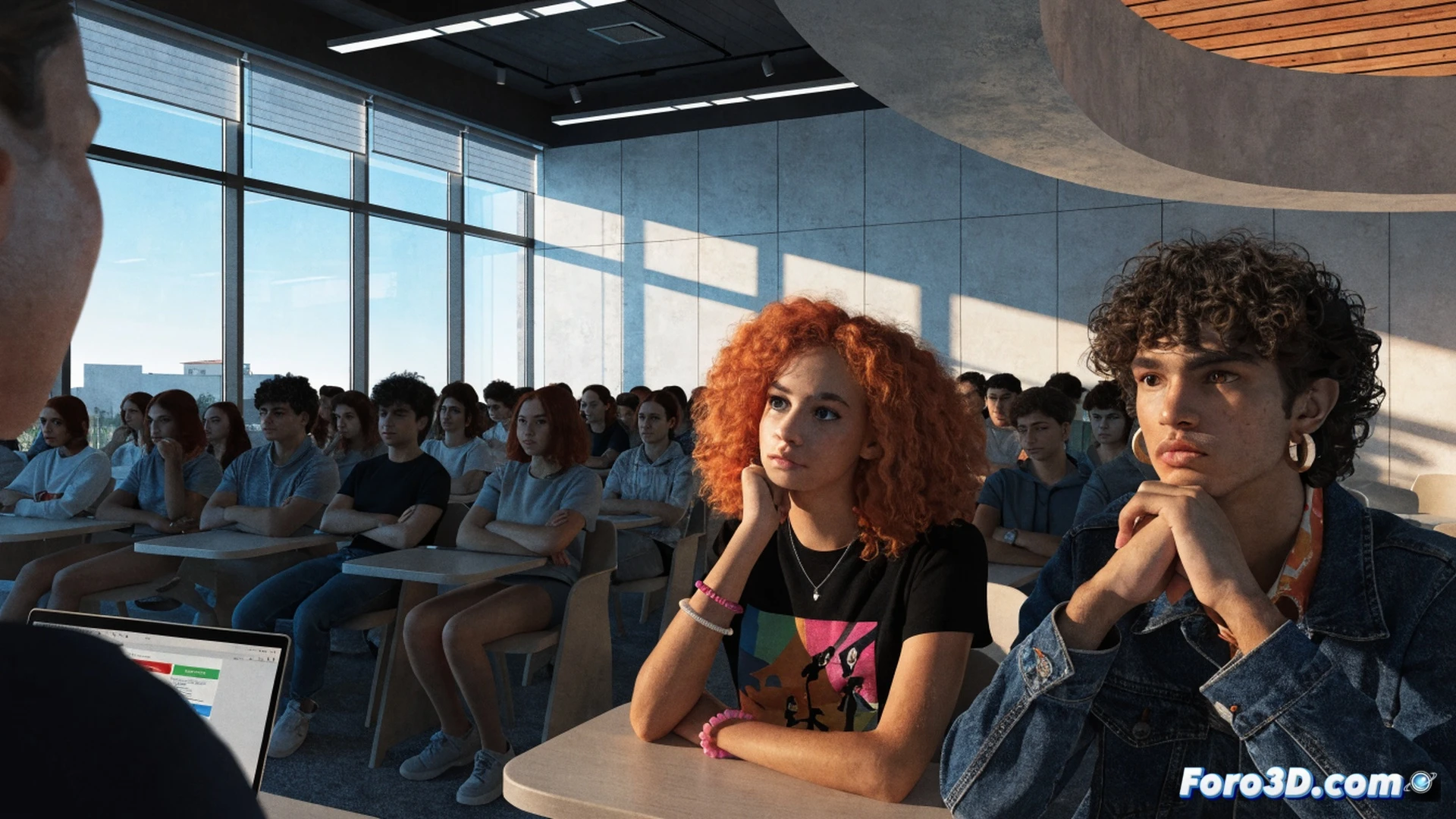 adolescentes sentados en semicírculo en aula moderna del IES Alonso Quijano, docente mostrando diagrama de relaciones sanas en pantalla táctil interactiva, estudiantes señalando y discutiendo mientras sostienen tablets con infografías de prevención de riesgos, luz natural entrando por ventanas, pizarrón digital con gráficos de comunicación afectiva, mochilas y cuadernos sobre mesas, expresión concentrada y participativa, estilo cinematográfico, fotorealismo educativo, colores cálidos y neutros, profundidad de campo suave