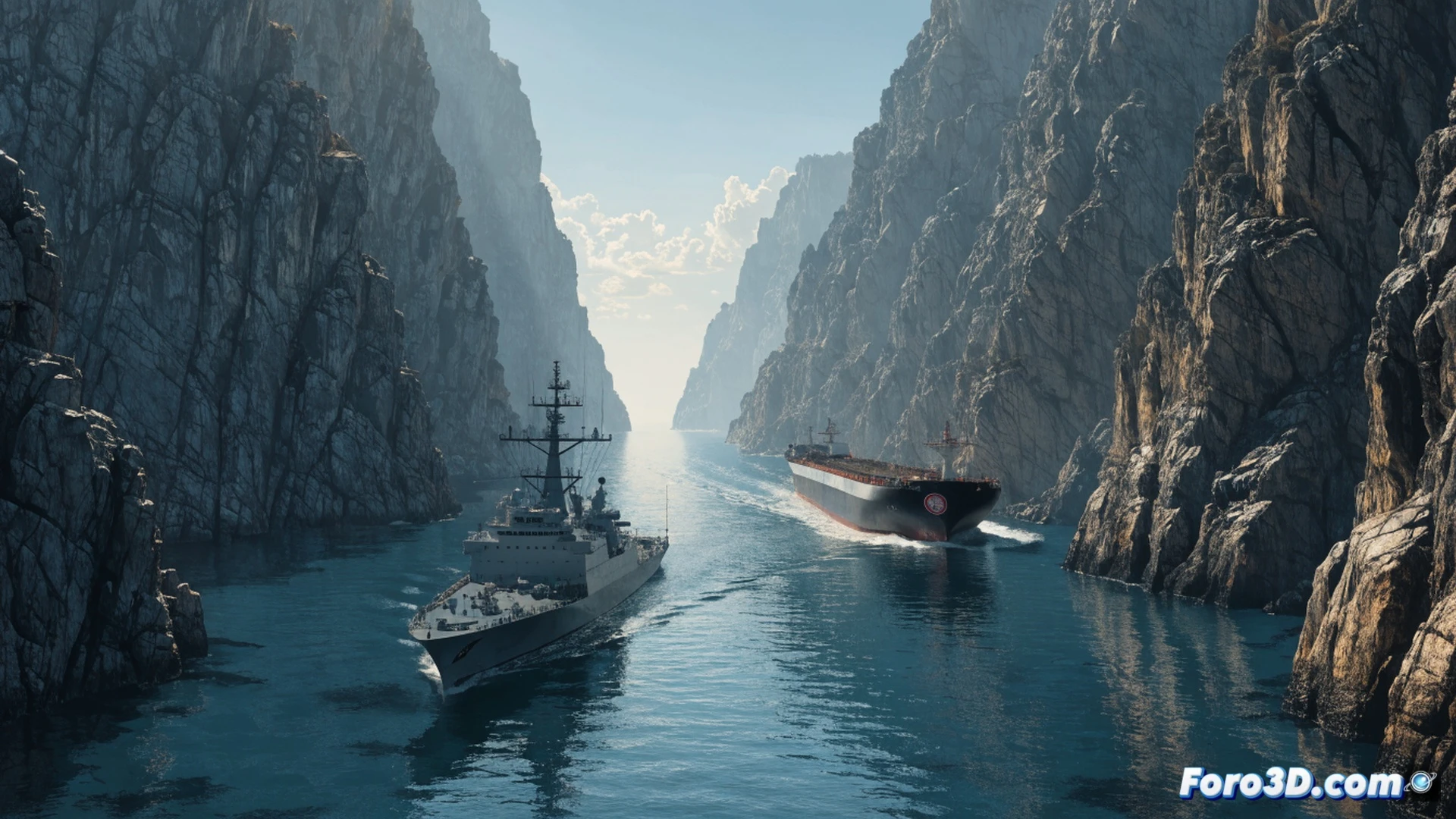 oil tanker navigating through Strait of Hormuz at sunset, massive crude carrier with visible loading arms and pipeline connections, Iranian flag partially visible on deck, US naval vessel monitoring from distance, global fuel price graph shown as holographic overlay above the ship, barrels of oil floating in water near the tanker, cinematic photorealistic engineering visualization, dramatic golden hour lighting, oil slick rainbow reflections on water surface, detailed metal hull textures, industrial haze on horizon, ultra-realistic maritime scene, calm sea with gentle waves