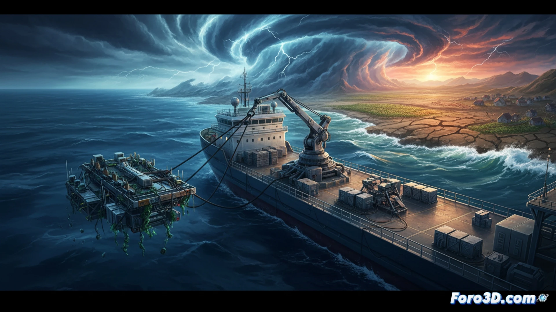 ocean sensor network dismantling scene, workers in hazmat suits cutting cables and removing floating buoys from Pacific Ocean, half-submerged data relay station with blinking lights fading, satellite dish tilted downward disconnected, underwater AMOC monitoring probes being hauled onto ship deck, cables trailing in water, dark storm clouds gathering on horizon, cinematic photorealistic engineering visualization, dramatic contrast between blue ocean and grey sky, technical equipment details with corrosion and barnacles, industrial ship crane action, ultra-detailed metal surfaces, environmental documentary style lighting