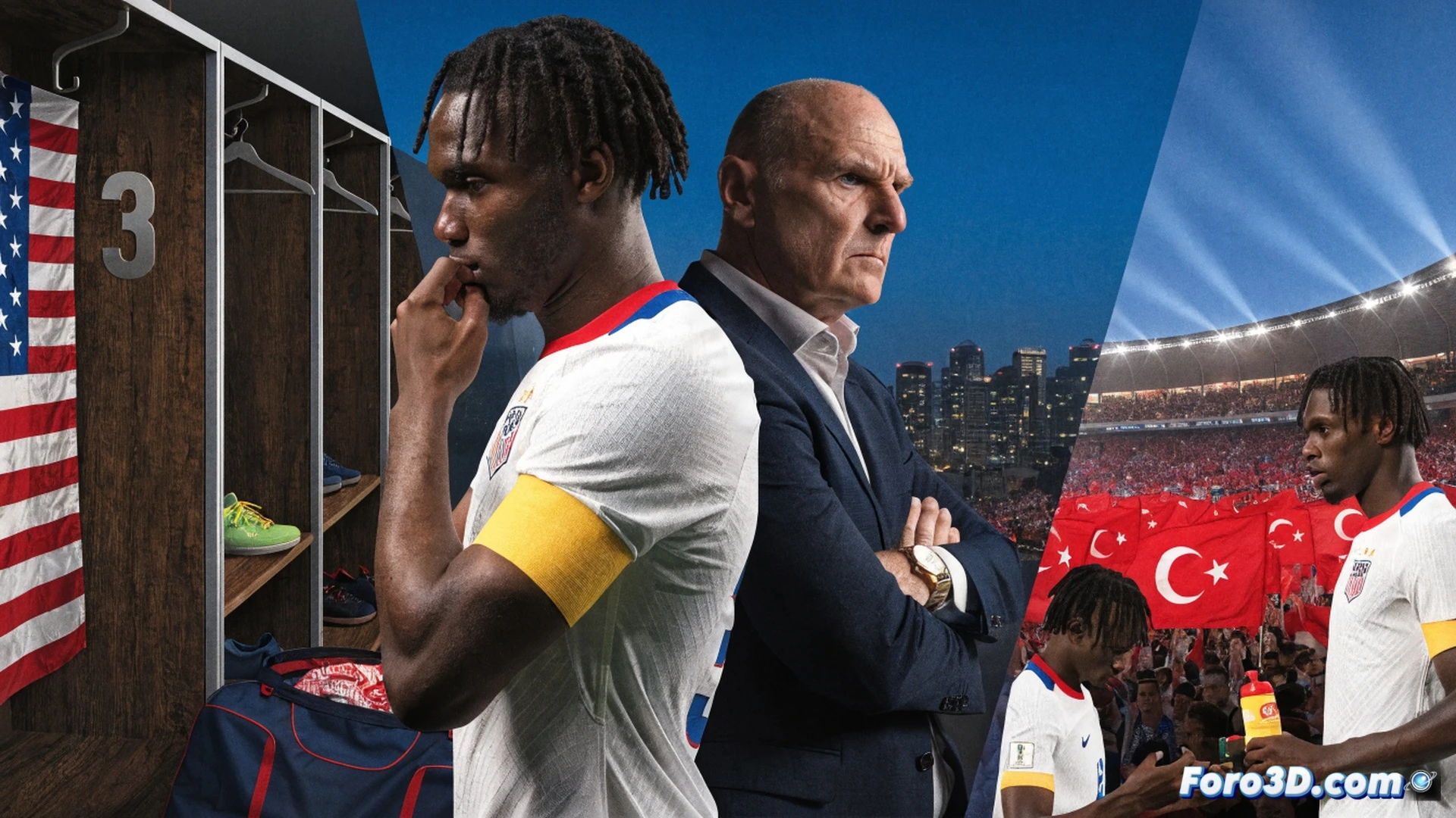 Estadio vacío en gran parte, jugador de fútbol con camiseta de Estados Unidos número 20 siendo sustituido en el minuto 60, entrenador señalando el banquillo mientras el jugador se quita lentamente los guantes, balón desinflado rodando lentamente por el césped mojado, marcador electrónico mostrando 0-0, banquillo con jugadores en chándal abrigados, cámara lenta capturando el gesto de precaución del técnico, iluminación de estadio nublado y frío, estilo cinematográfico realista, textura de césped artificial detallada, atmósfera de partido sin tensión, fotografía deportiva técnica.