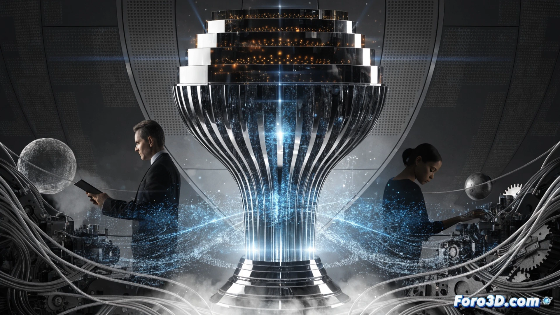 technical illustration of US critical infrastructure control room, energy grid monitoring screens displaying Mythos 5 AI threat detection interface, cybersecurity analysts in protective gear examining real-time cyber attack simulations on water treatment and power plant systems, glowing red warning indicators on holographic maps, data streams flowing through secure network nodes, reinforced server racks with locked access panels, dramatic blue and amber lighting, photorealistic engineering visualization, ultra-detailed hardware components, cinematic security atmosphere