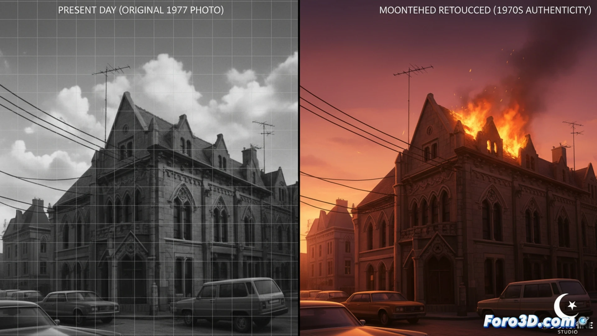 photorealistic cinematic scene of a film post-production studio, a technician using a stylus on a graphics tablet while a large monitor displays a split-screen comparison of a 1970s street scene, modern car and antenna being digitally erased from the left half, realistic CG fire being painted onto a vintage car on the right half, glowing wireframe overlays show object removal and particle simulation, warm amber studio lighting, high-end computer workstation with reference photos pinned on a corkboard, ultra-detailed equipment, subtle lens flare, technical illustration style