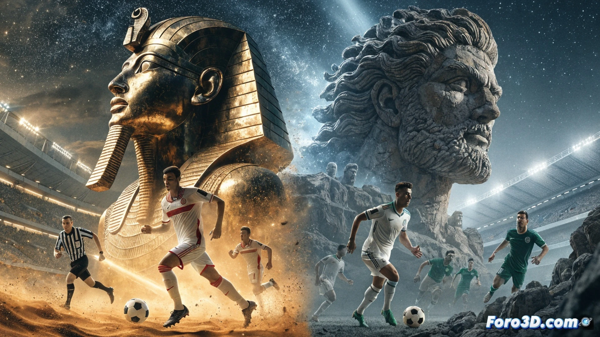 Football match moment of high tension, Egyptian player in red shirt striking a powerful volley towards the goal, Iranian goalkeeper diving full stretch to deflect the ball onto the crossbar, ball hitting the metal frame with visible deformation, spray of synthetic turf particles rising from the impact, cinematic slow-motion action shot, stadium floodlights casting dramatic shadows, photorealistic sports photography style, ultra-detailed jersey fabric textures, sweat droplets frozen in mid-air, intense facial expressions, depth of field blurring the distant crowd