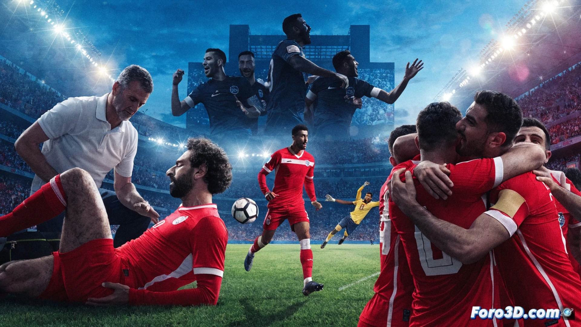 Egipto celebración en estadio moderno, jugador con camiseta roja anotando gol de cabeza mientras balón entra a la red, otro jugador lesionado siendo retirado en camilla al fondo, marcador electrónico mostrando 1-1 con banderas egipcias ondeando, césped sintético con marcas de césped, luces de estadio iluminando la escena, arquitectura de estadio futurista con paneles solares en techo, ingeniería de infraestructura deportiva visible, celebración de multitud con brazos levantados, cinematic photorealistic sports documentary style, acción deportiva con movimiento congelado, sudor y esfuerzo muscular visible, textura de uniforme y botines detallada, iluminación dramática de estadio nocturno