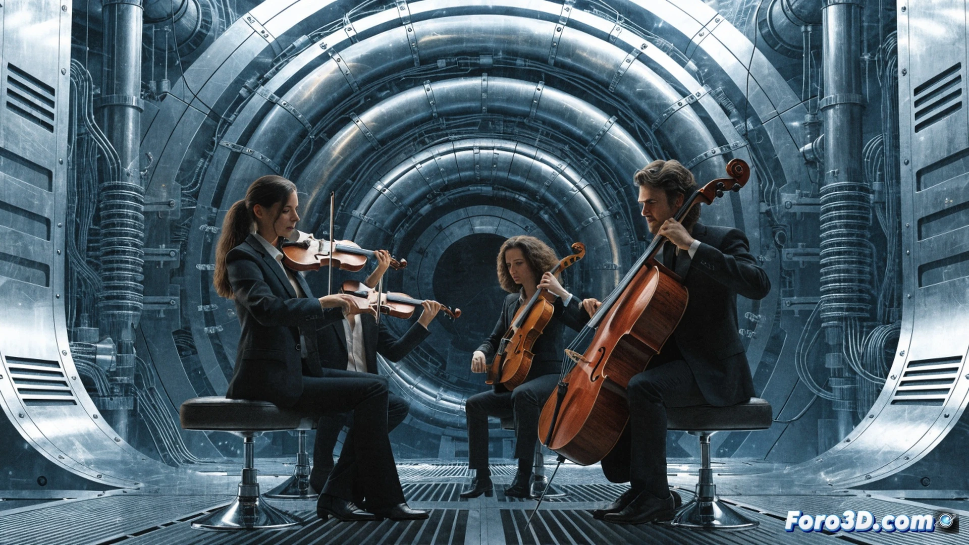 String quartet musicians performing in a recording studio, four violin bows simultaneously drawing across strings while sheet music stands display Final Fantasy VII musical notation, studio microphones capturing sound waves visualized as glowing particles, mixing console faders moving during recording, warm amber stage lighting illuminating wooden instruments, cinematic photorealistic render, dramatic shadows on acoustic panels, detailed instrument craftsmanship, technical audio equipment visible, motion blur on bowing hands