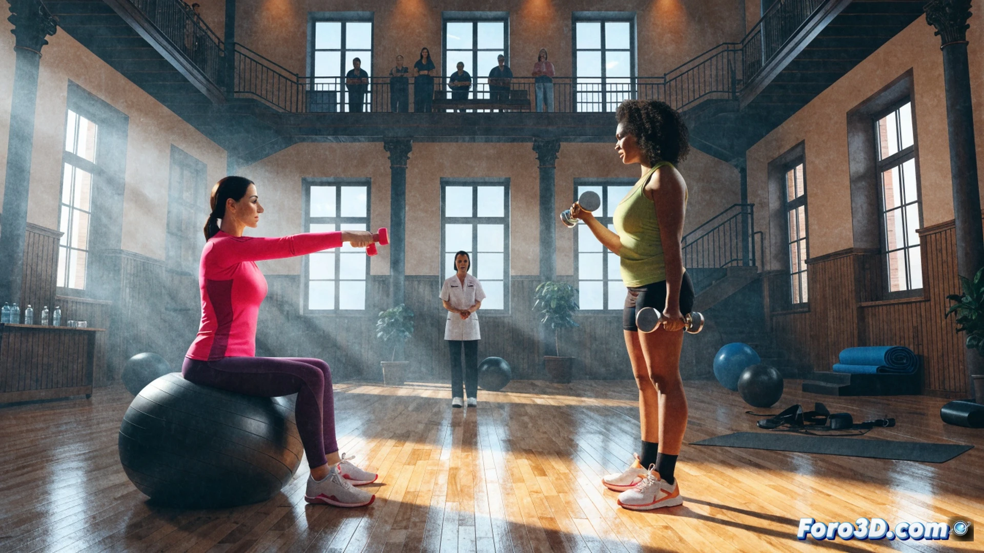 photorealistic scene of a woman in sportswear performing a resistance band exercise in a sunlit medical gym, oncology nurse observing posture correction, anatomical model of breast on a nearby table, dumbbells and yoga mat visible, soft clinical lighting with warm natural light from windows, detailed muscle activation visible through subtle skin tension, medical posters on wall showing exercise routines, calm determined expression, technical health illustration style, clean modern interior, gentle shadows emphasizing movement, high detail skin texture and fabric folds