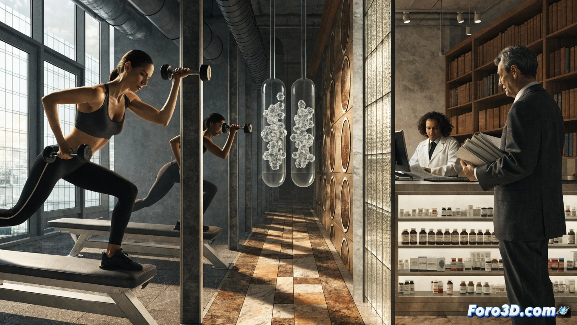 woman in sportswear performing a resistance band exercise in a sunlit rehabilitation room, medical diagram of breast cancer prevention showing muscle activation and lymphatic flow, empty hospital gym with unused equipment and a closed physiotherapy schedule board in the background, contrasting action between active recovery and neglected public health resources, cinematic photorealistic medical illustration, warm natural light on the patient, cold institutional shadows, detailed anatomical overlay with glowing exercise pathways, realistic textures of medical flooring and wall charts, dramatic depth of field focusing on the woman while blurred waiting room chairs emphasize access barriers
