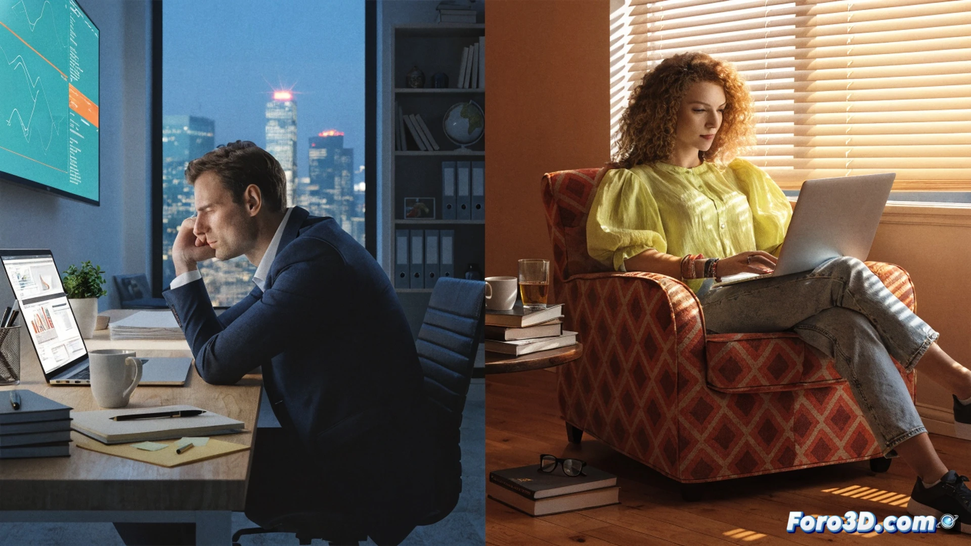 office worker standing at a crossroads between two paths, left path showing a corner office with stacks of papers and a stressed manager, right path showing a sunlit home workspace with a laptop, ergonomic chair, and a coffee mug, worker turning their back on the promotion path while smiling toward the flexible workspace, cinematic photorealistic style, warm natural lighting, subtle depth of field, modern minimalist home office environment, digital tablet and wireless headphones visible on desk, calm atmosphere contrasting with cold office lighting, ultra-detailed textures, realistic skin tones, professional corporate illustration