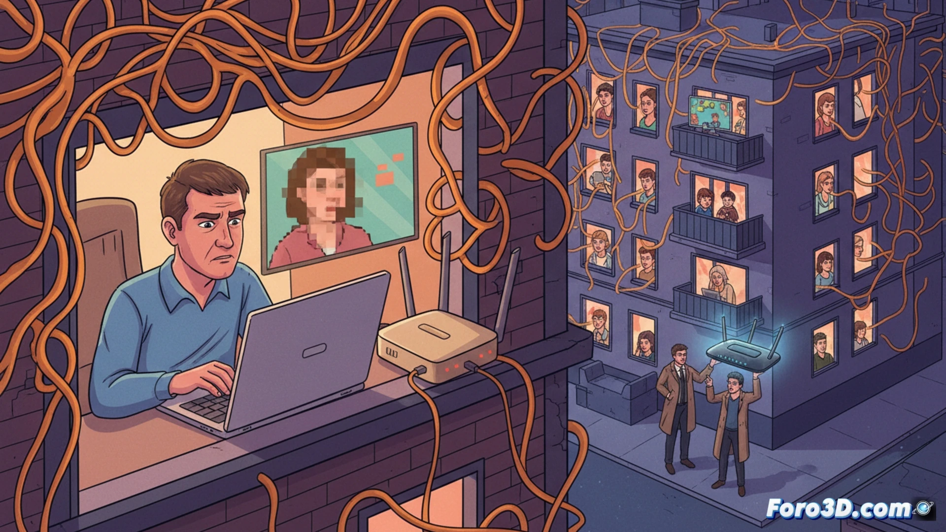 A modern apartment living room in Moscow, a technician installing a new dual-band Wi-Fi 6 router while an old 2.4 GHz router lies unplugged on the floor, a laptop screen showing a network diagnostic tool with saturated 2.4 GHz band and a stable 5 GHz signal, a video call freezing on the monitor behind, cables and ethernet tester on the table, photorealistic technical illustration, cinematic lighting from the window, dust particles in the air, realistic plastic textures and LED indicators, ultra-detailed hardware components, engineering visualization style