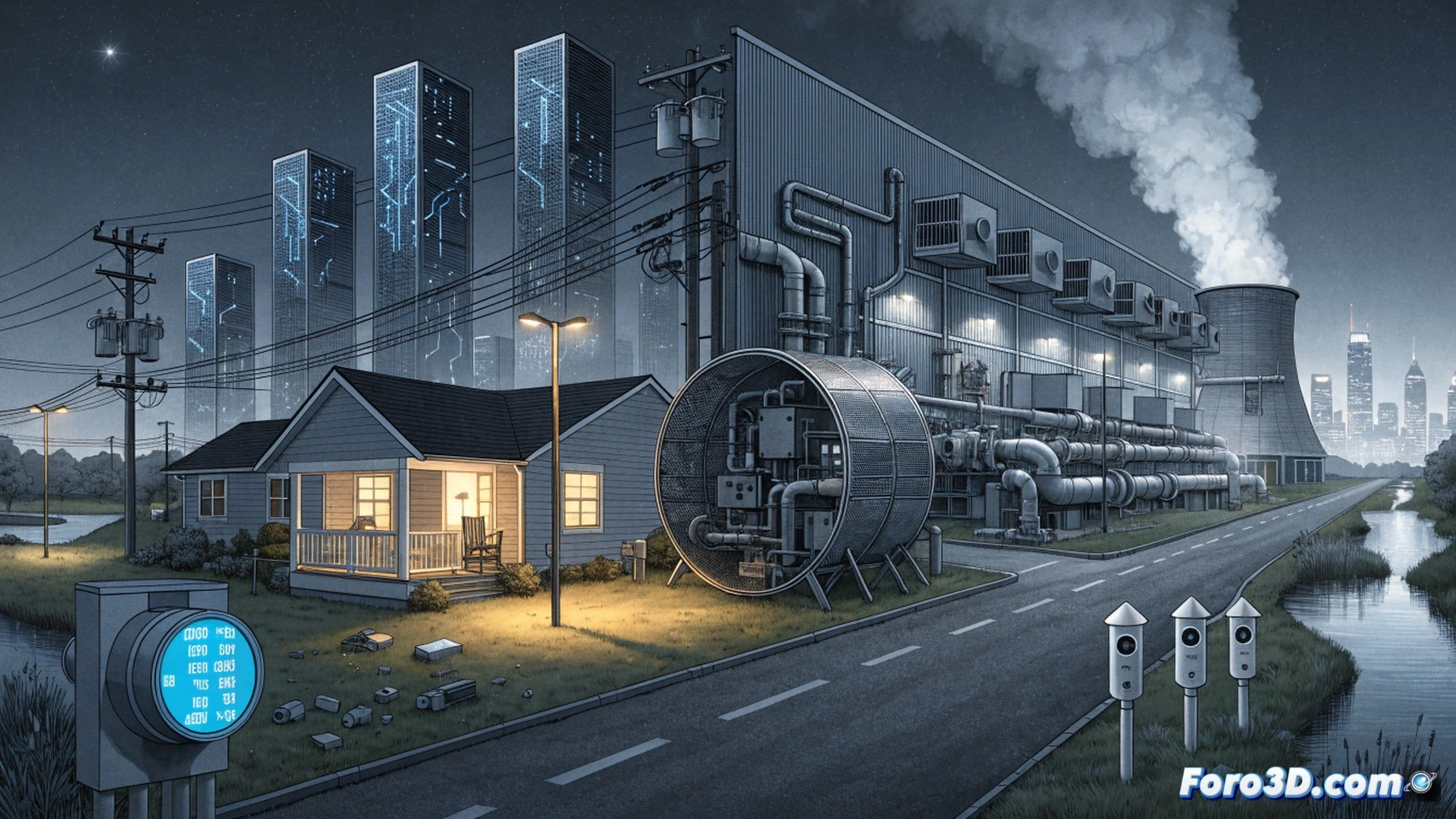 Residential neighborhood disrupted by massive AI data center construction, towering server racks visible through unfinished concrete walls, cooling fans creating visible heat waves, electrical transformers humming with glowing blue arcs, water cooling pipes snaking through streets, local residents holding electricity bills with shocked expressions, noise vibration waves distorting the air around generator units, photorealistic cinematic visualization, dramatic evening lighting with industrial floodlights casting harsh shadows, steam rising from cooling towers against dark sky, ultra-detailed mechanical infrastructure contrasting with domestic houses, realistic environmental impact scene