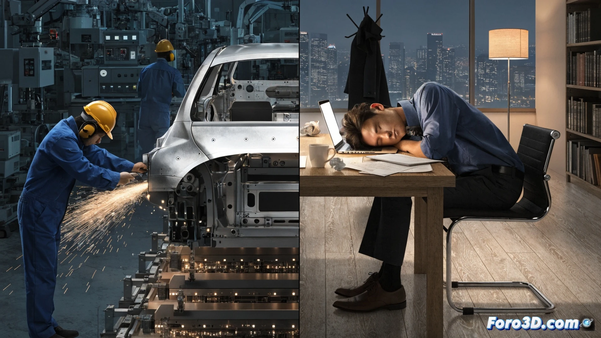 automotive assembly line worker missing from station, empty safety gloves on conveyor belt, half-assembled car door with exposed wiring and pneumatic tools idle, red warning lights blinking on production monitor showing 8.9% absence rate, robotic arm paused mid-motion over incomplete chassis, stress charts on digital screen with rising mental health cases, dramatic shadows from factory ceiling lights, dust particles floating in stagnant air, photorealistic industrial engineering visualization, cold metallic tones, cinematic depth of field
