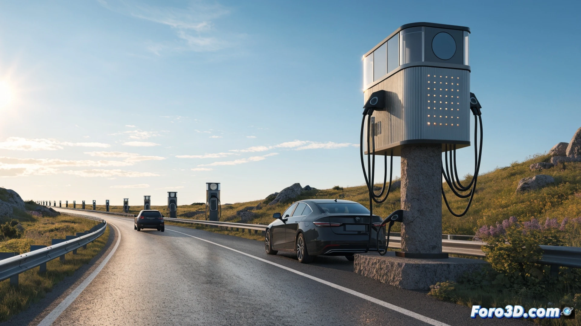 electric vehicle charging station along a Spanish highway at dusk, a modern electric car connected to a high-power ultra-fast charger, glowing blue LED indicators on the charging unit, digital display showing 350 kW power flow with animated lightning bolts, sleek metallic charger cable snaking from the station to the car port, distant highway with taillight streaks and mountains in background, photorealistic technical illustration, cinematic golden hour lighting, clean futuristic industrial design, hyperdetailed cable connectors and charging port, realistic reflection on car paint, sharp focus on charging process, dynamic energy transfer visualization with subtle particle effects
