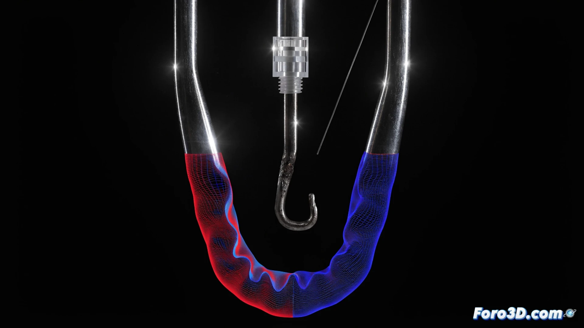 surgical biopsy needle bending at an anomalous angle inside translucent tissue model, internal steel grain structure visualized as glowing metallic fracture lines, GOM Inspect surface scan data projected as blue point cloud over the needle, Ansys stress simulation overlay with red-to-blue tension gradient contours, medical imaging monitor showing real-time flexing process, dramatic side lighting revealing microscopic metal heterogeneity, photorealistic engineering visualization, industrial clean room aesthetic, ultra-detailed macro focus on needle deformation