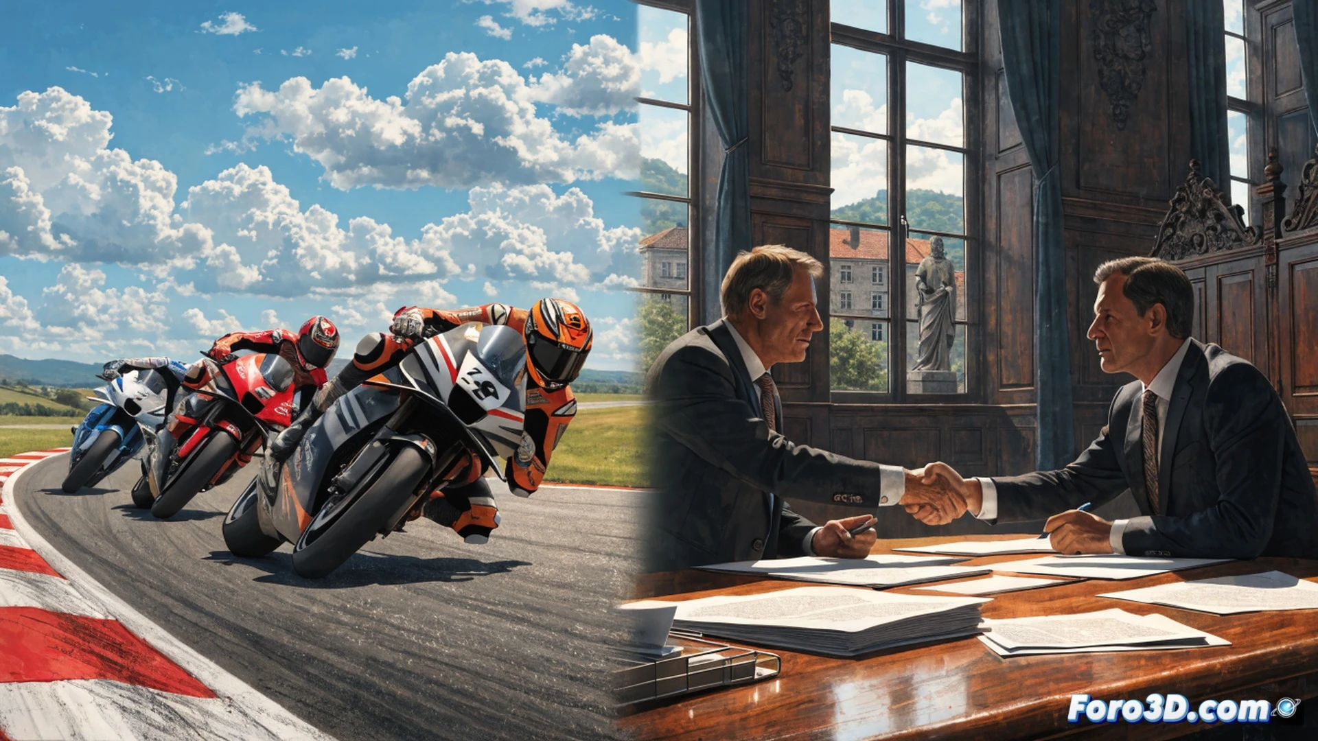 Ducati Desmosedici con piezas de motor desmontadas sobre mesa técnica en paddock de Brno, ingeniero ajustando culata de 850cc con llave dinamométrica digital, de fondo dos siluetas de pilotos con monos rojo y naranja estrechando manos frente a pantalla de datos de telemetría, herramientas de carbono esparcidas, luces LED de boxes iluminando superficies metálicas, estilo cine técnico hiperrealista, texturas de fibra de carbono y titanio pulido, profundidad de campo marcada, atmósfera de negociación industrial.