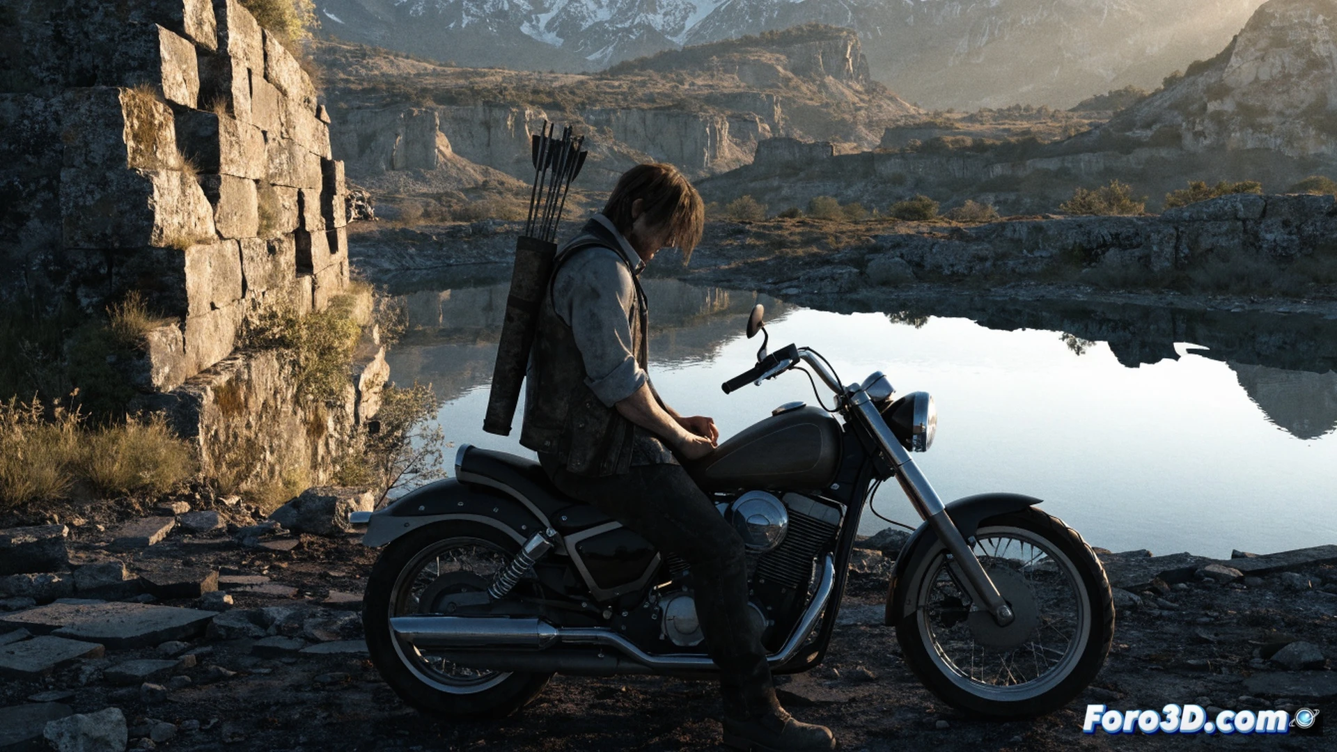 Daryl Dixon en el páramo posapocalíptico, caminando solo sobre escombros de asfalto roto mientras sostiene su ballesta con la cuerda tensa, mostrando una acción de disparo inminente, fondo con restos oxidados de un vehículo y alambre de púas enredado, estilo cinematográfico fotorrealista, iluminación crepuscular dorada, sombras alargadas, atmósfera polvorienta, texturas desgastadas en cuero y metal, alta definición técnica, planos detalle de la mira y el mecanismo de la ballesta, sin texto visible en la imagen