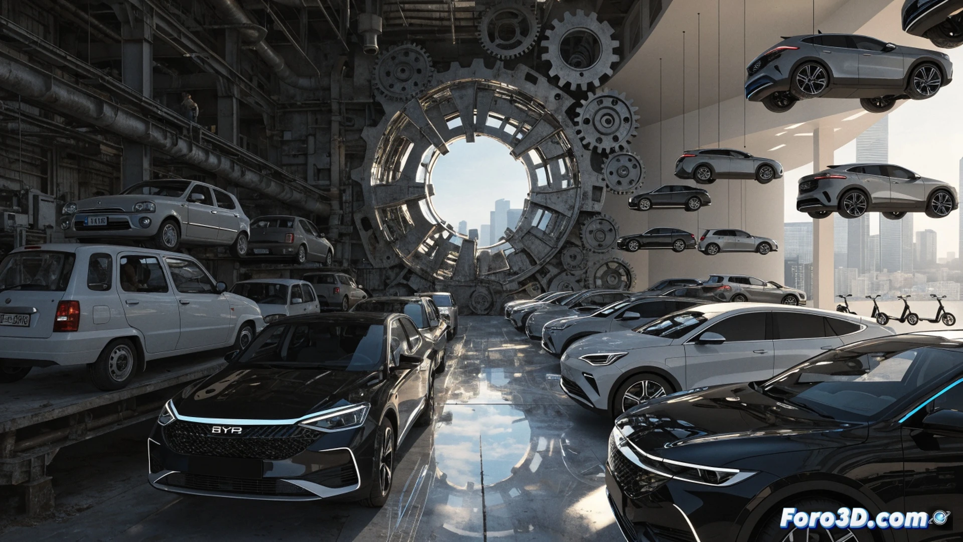 European compact car assembly line halting production, robotic arms idle and covered in dust, while on the opposite side a fleet of sleek BYD electric sedans rolls off a high-tech conveyor belt, workers in clean suits inspecting battery packs, glowing digital sales graphs showing a 552% surge, empty dealership windows with For Sale signs fading, photorealistic industrial visualization, dramatic contrast between abandoned machinery and modern automated manufacturing, cold blue LED lighting, ultra-detailed mechanical components, cinematic engineering style