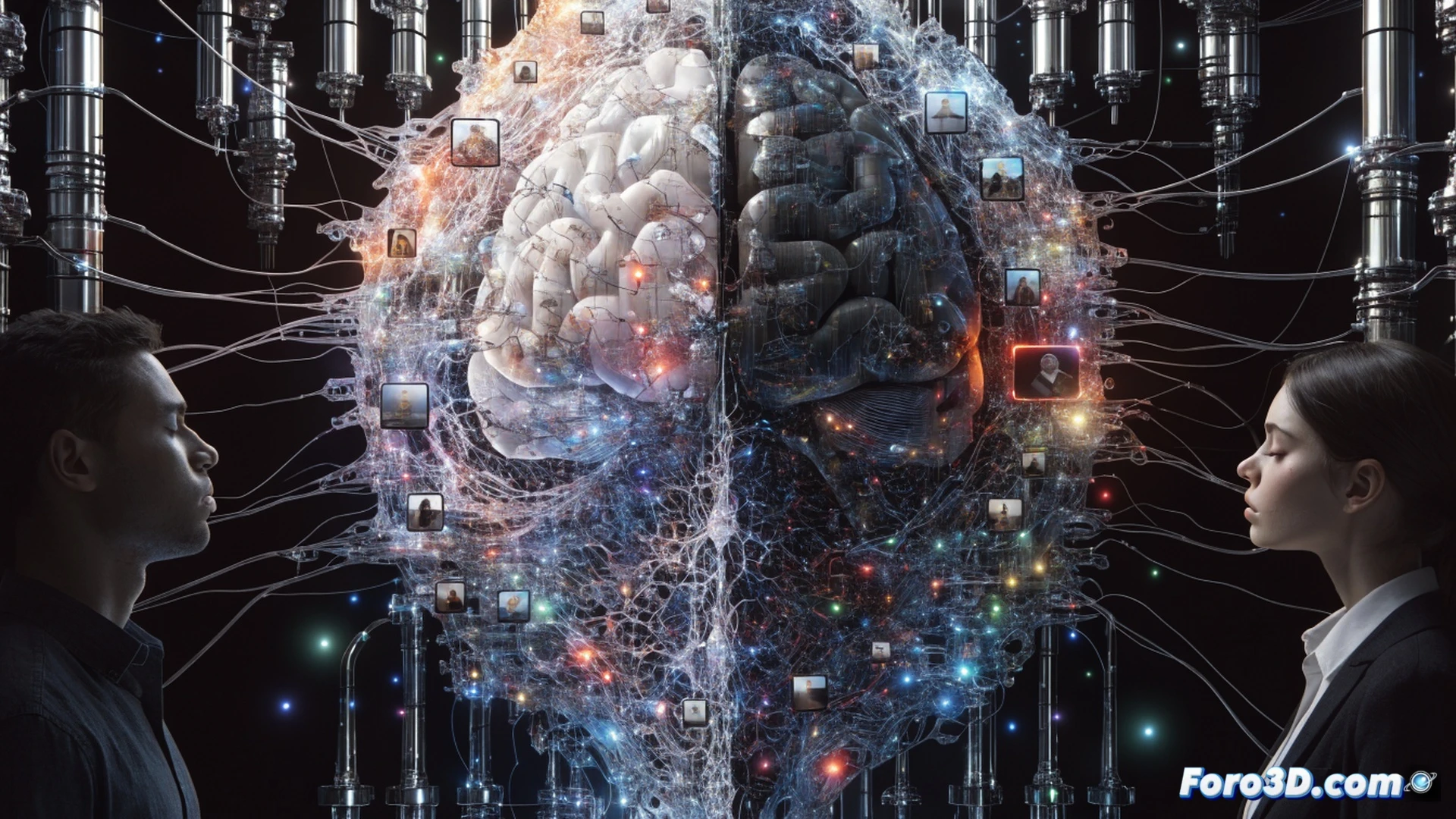 cinematic photorealistic scene of a person s smartphone screen glowing with an endless cascade of short video loops, each frame a different color, while a translucent mechanical hand with gear-like fingers reaches from the screen to grip the user s temple, dopamine receptors shown as pulsing neural pathways in the brain, notification icons floating like digital leeches around the device, dark room with blue and red ambient light, motion blur on the scrolling feed, ultra-detailed skin texture and glass reflections, dramatic chiaroscuro lighting, hyperrealistic technical illustration