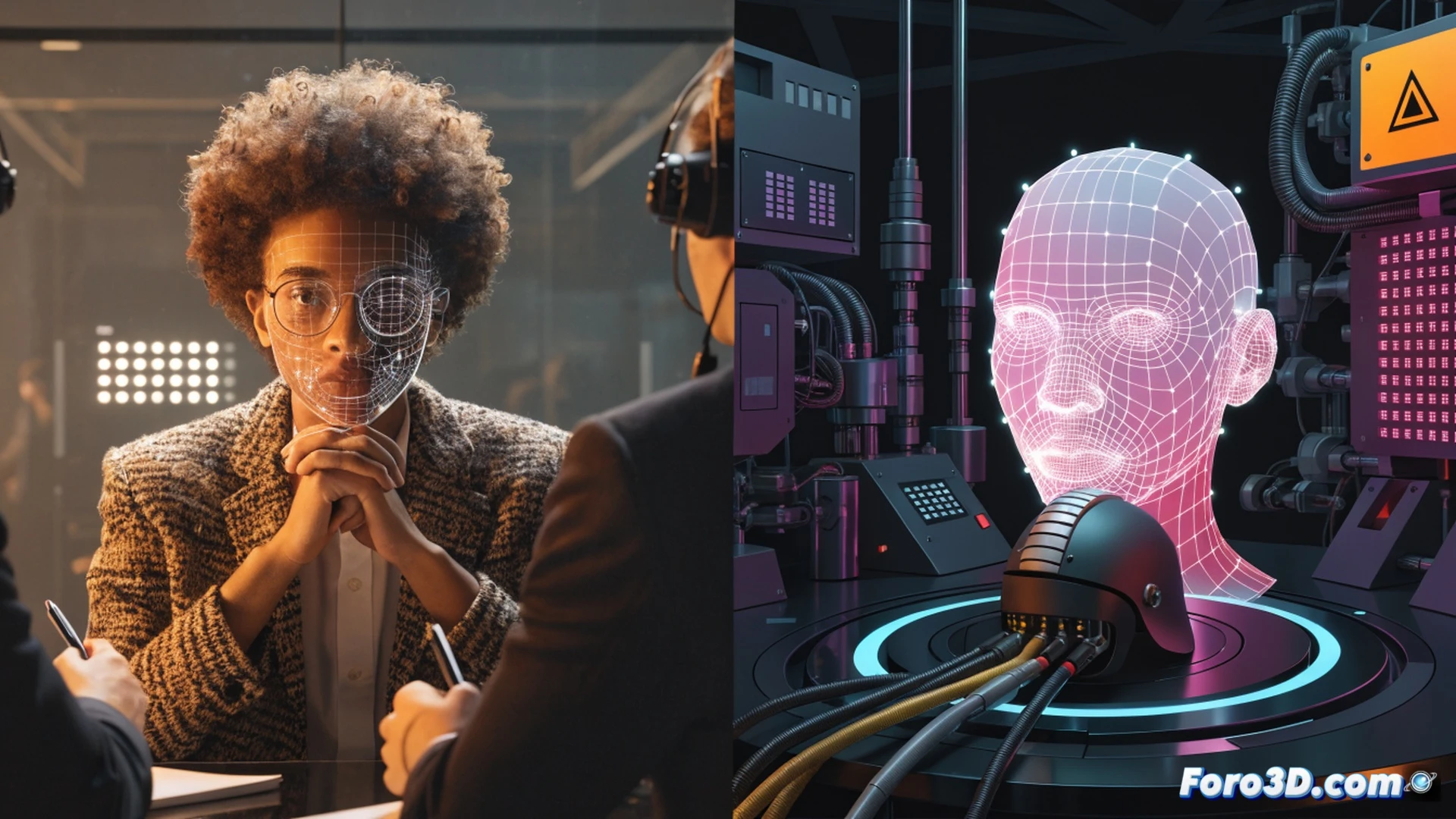 An AI emotion recognition system scanning a human face during a job interview, webcam capturing micro-expressions while a neural network dashboard displays mismatched emotion probabilities, subject sweating under harsh office lights, cultural anxiety distorting the reading, cinematic photorealistic render, dark blue and red data streams overlaying the scene, fragmented facial analysis grids, stress indicators flickering, metallic laptop with open software interface, dramatic chiaroscuro lighting, ultra-detailed skin texture and lens flare, technical surveillance visualization