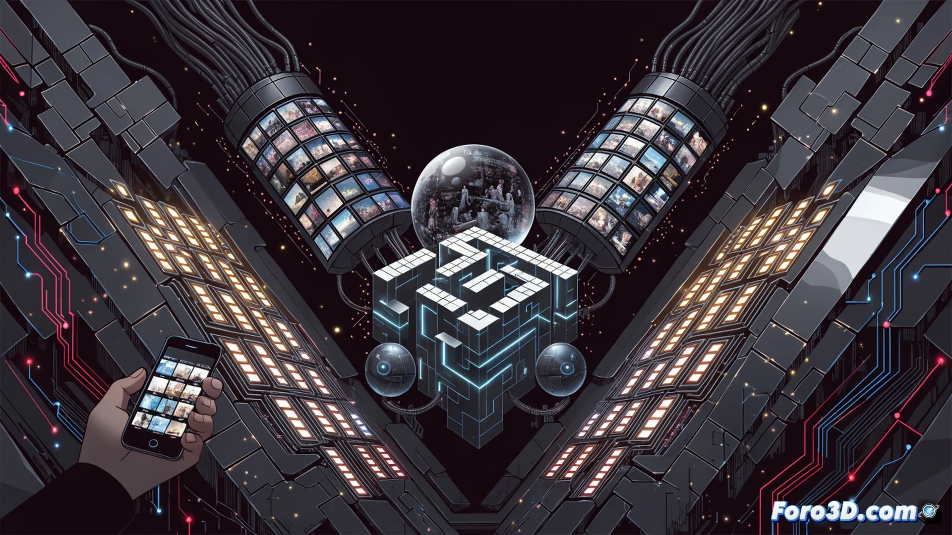 Photorealistic cinematic scene of a person scrolling through infinite short videos on a smartphone, glowing dopamine pathways visible as neon blue lines from screen to brain, clock gears dissolving into the digital stream, endless vertical feed with blurred rapid transitions, user’s face showing hypnotic trance, background fading into abstract data grids, dark moody lighting with cyan and magenta accents, ultra-detailed skin texture, macro lens focus on finger swiping, floating UI elements like play buttons and progress bars, technical illustration style showing neural addiction cycle